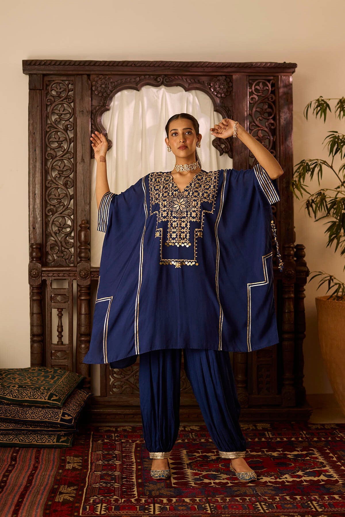 Leher Navy Blue Kaftan Gather Salwar Set