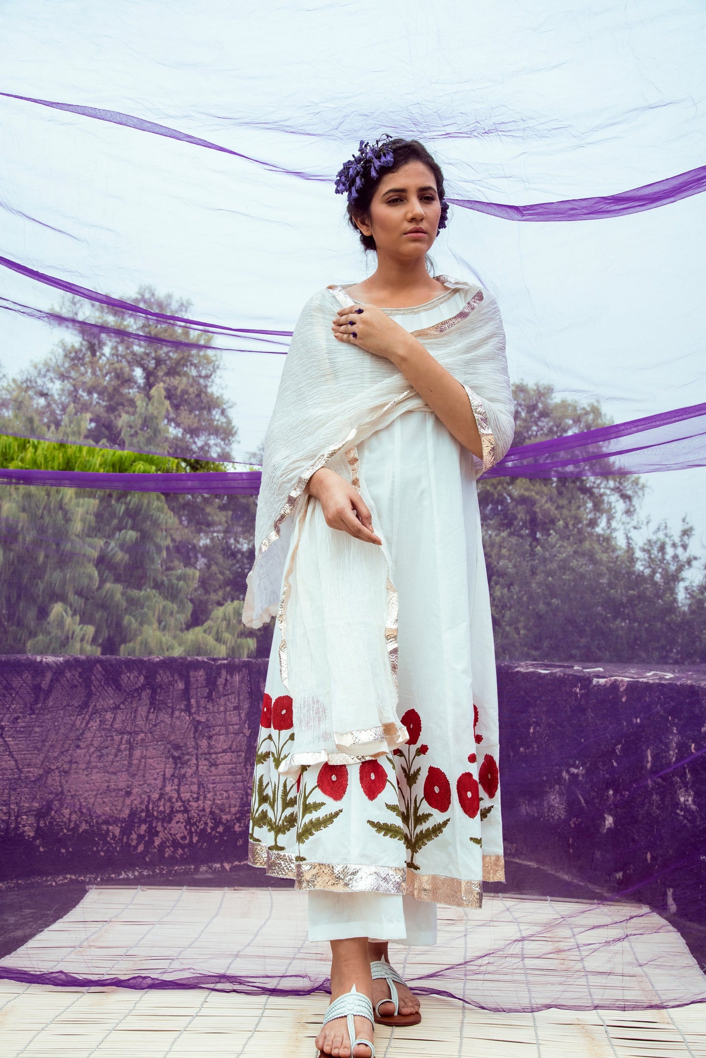 Bipasha Basu in Off White Red Hand Block Printed Cotton Anarkali Kurta with Palazzo and Chanderi Crushed Dupatta- Set of 3