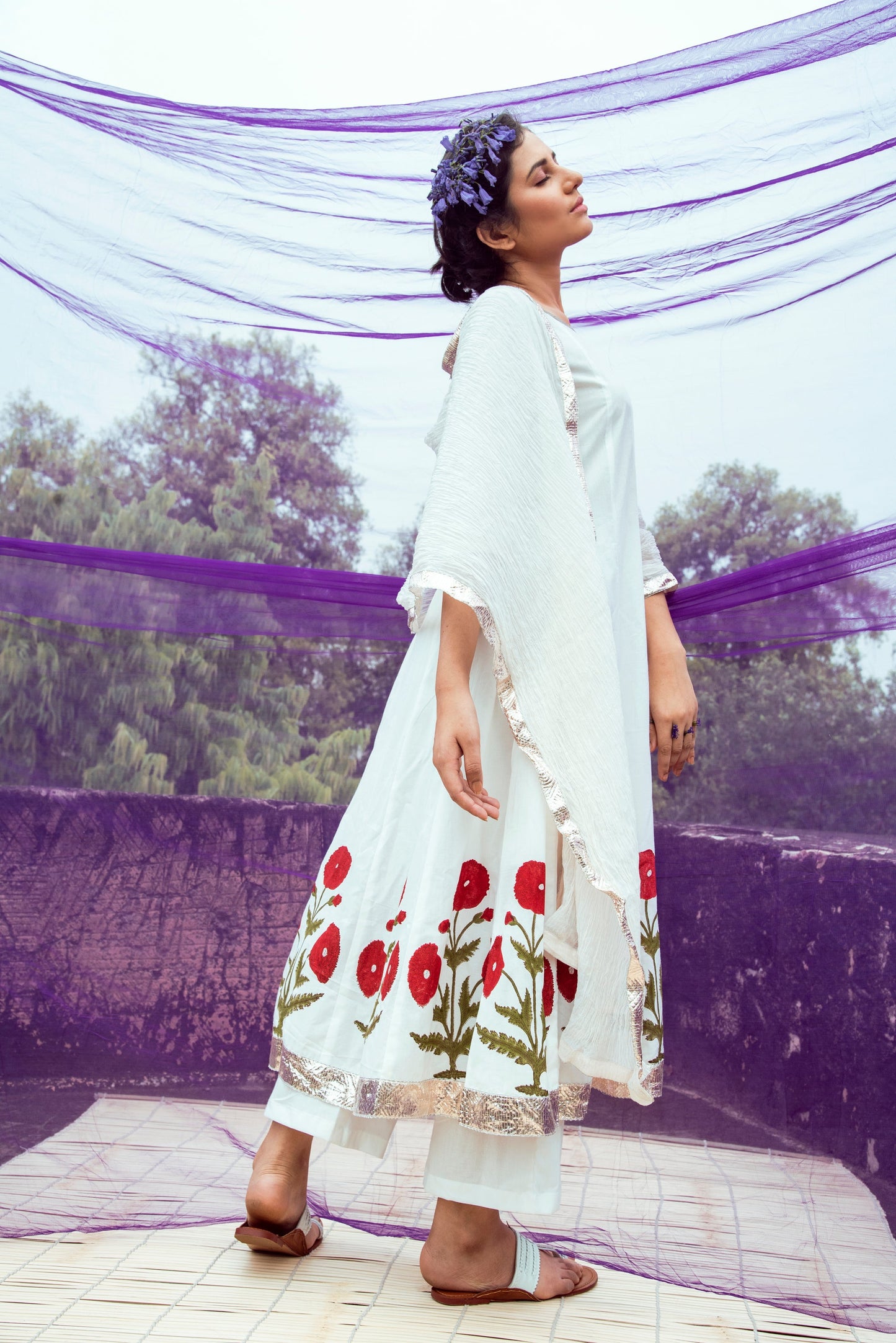 Bipasha Basu in Off White Red Hand Block Printed Cotton Anarkali Kurta with Palazzo and Chanderi Crushed Dupatta- Set of 3