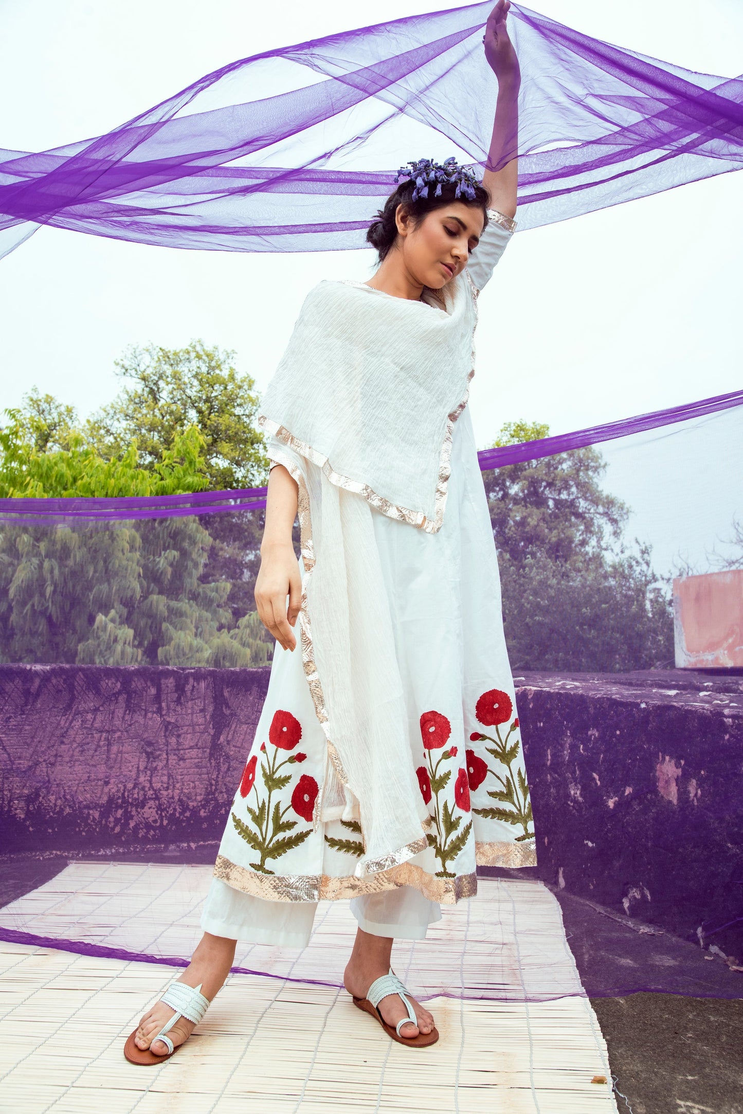 Bipasha Basu in Off White Red Hand Block Printed Cotton Anarkali Kurta with Palazzo and Chanderi Crushed Dupatta- Set of 3