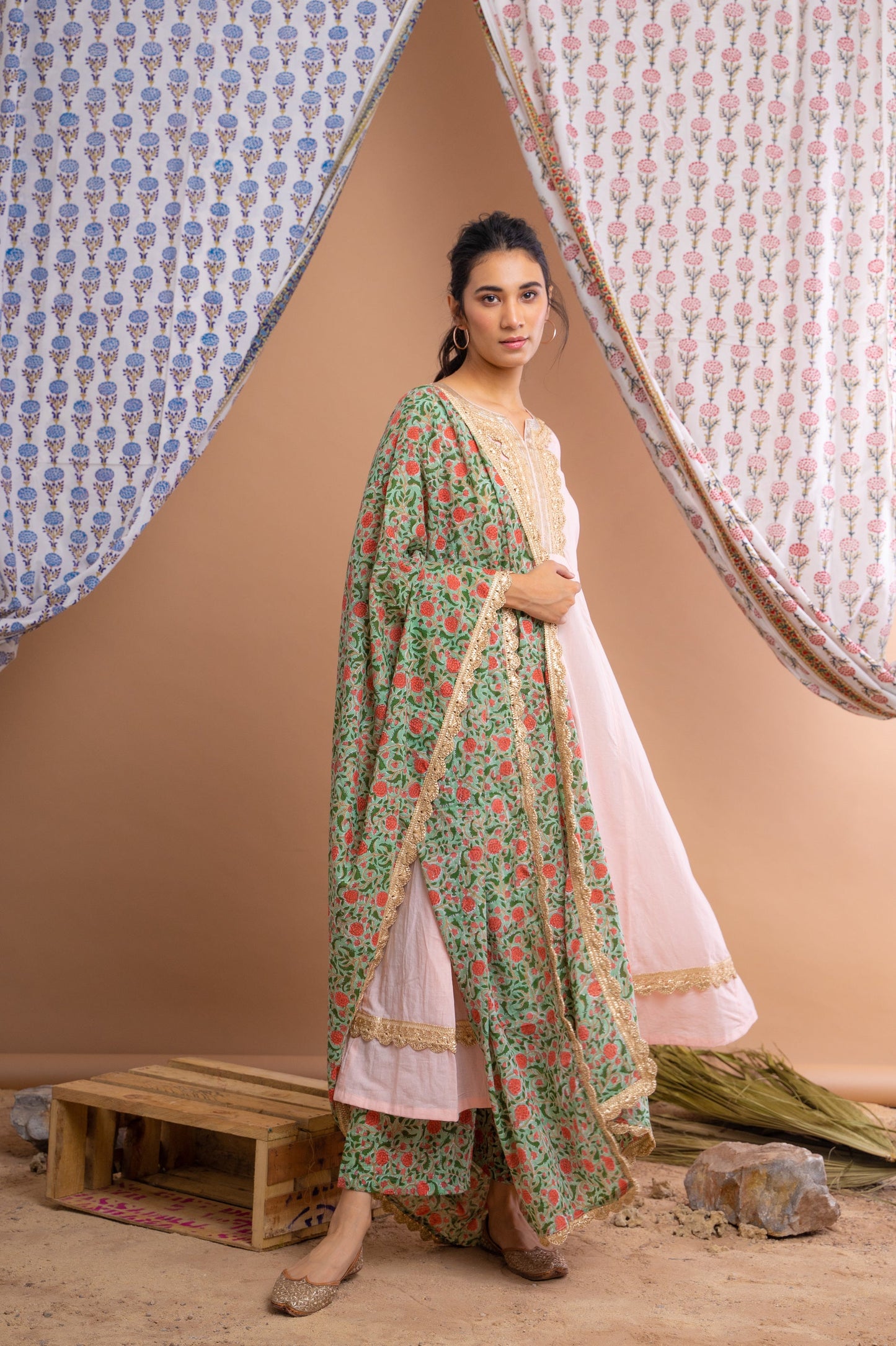 Peach And Green Cotton Anarkali