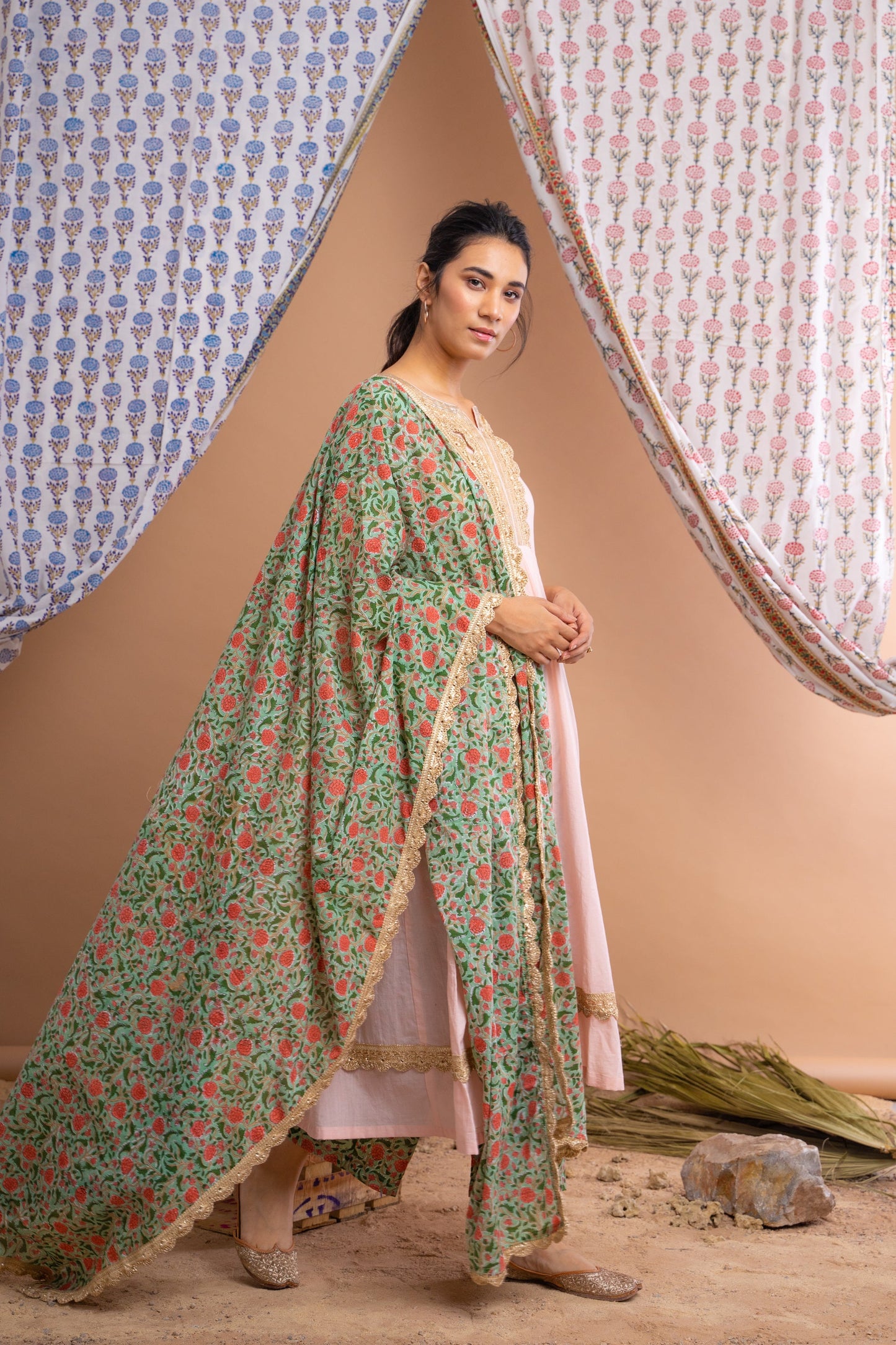 Peach And Green Cotton Anarkali