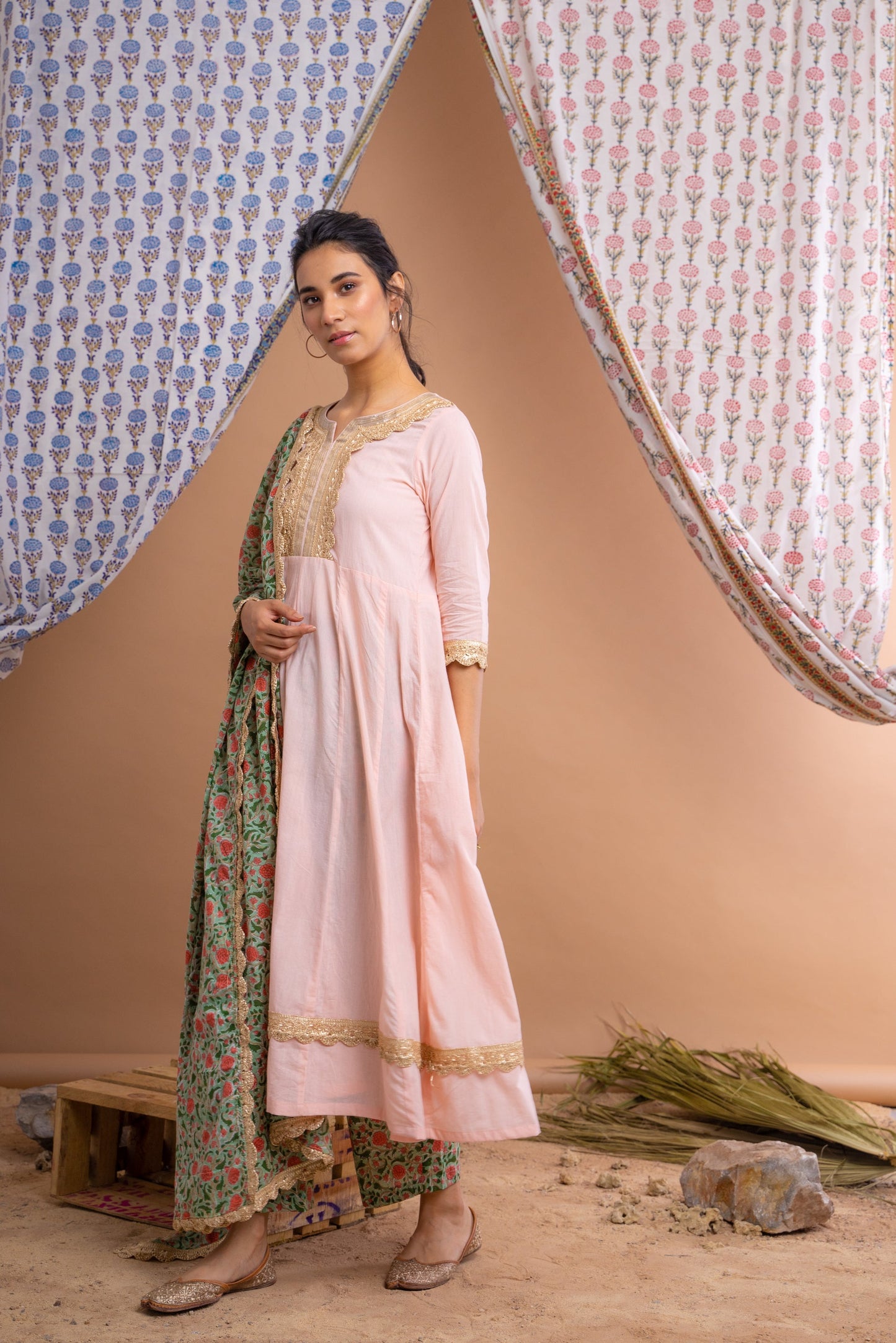 Peach And Green Cotton Anarkali