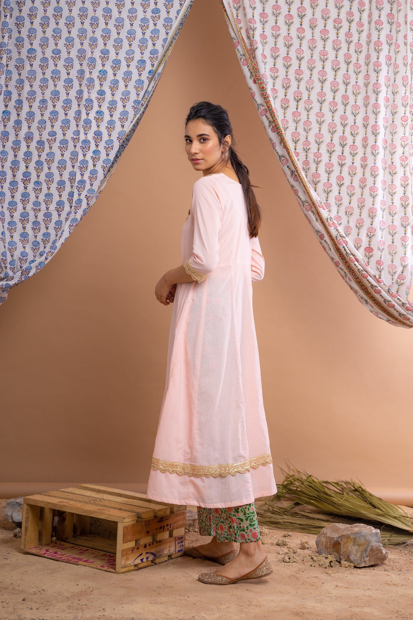 Peach And Green Cotton Anarkali