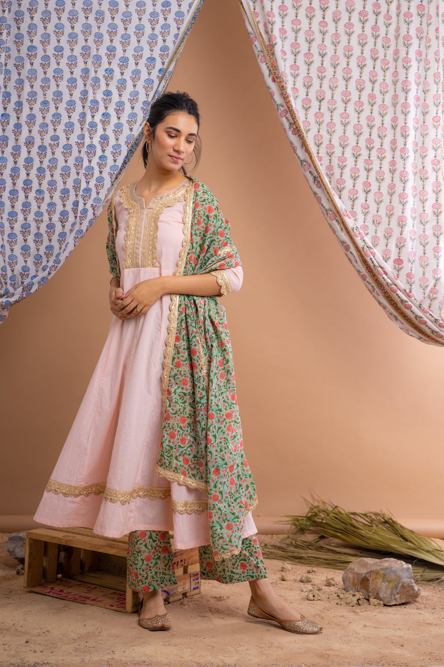 Peach And Green Cotton Anarkali