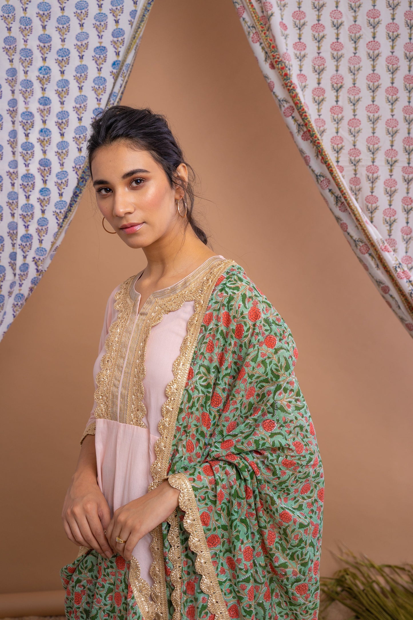 Peach And Green Cotton Anarkali