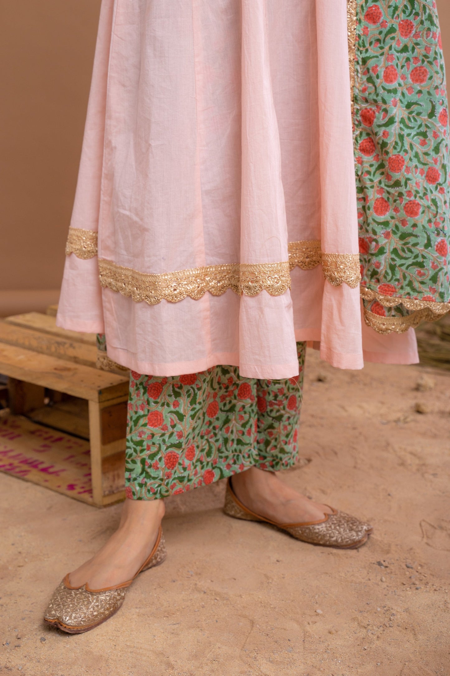 Peach And Green Cotton Anarkali