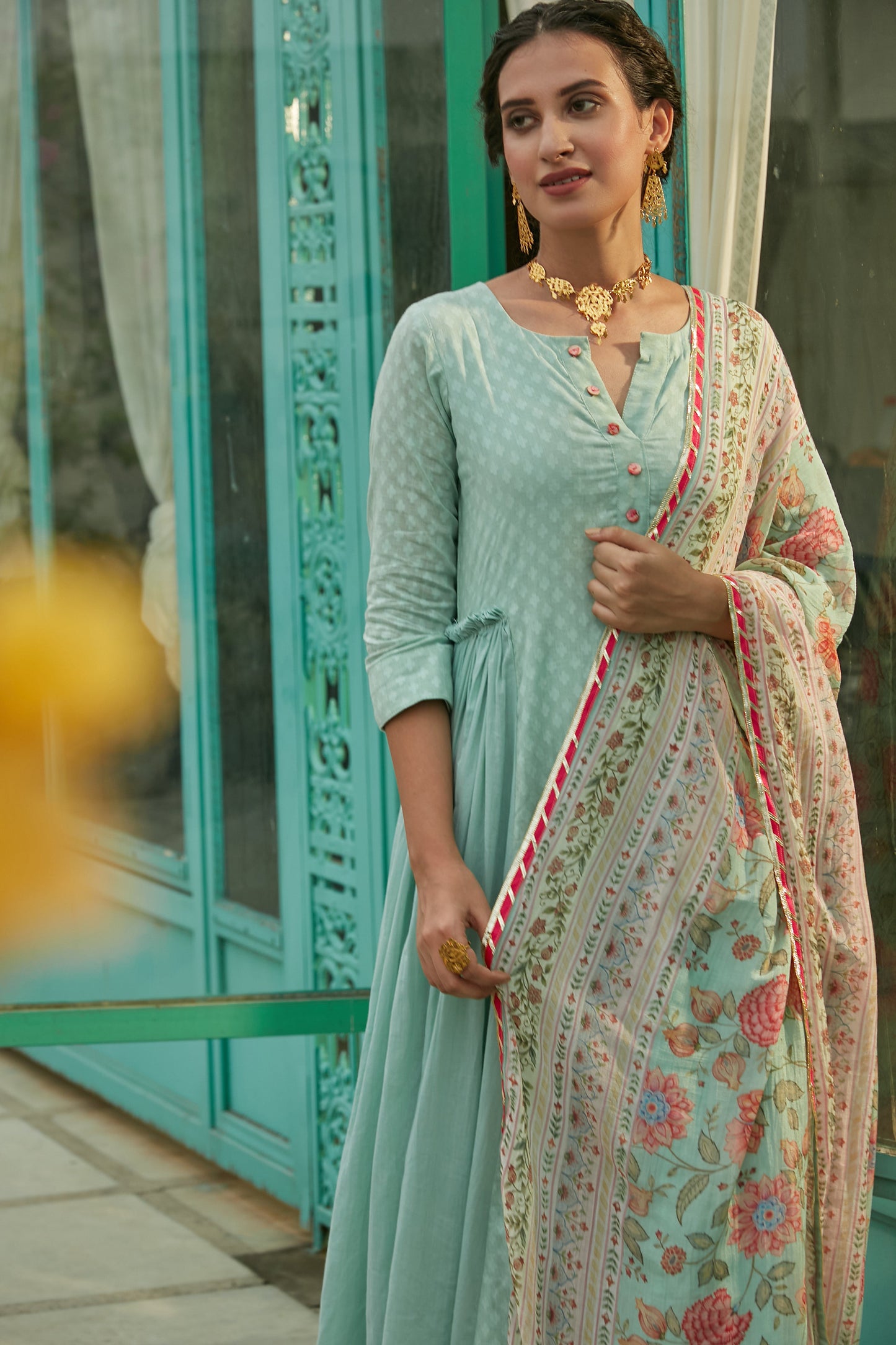 Aqua Marine side gathered Anarkali with Palazzo and Printed Dupatta- set of 3