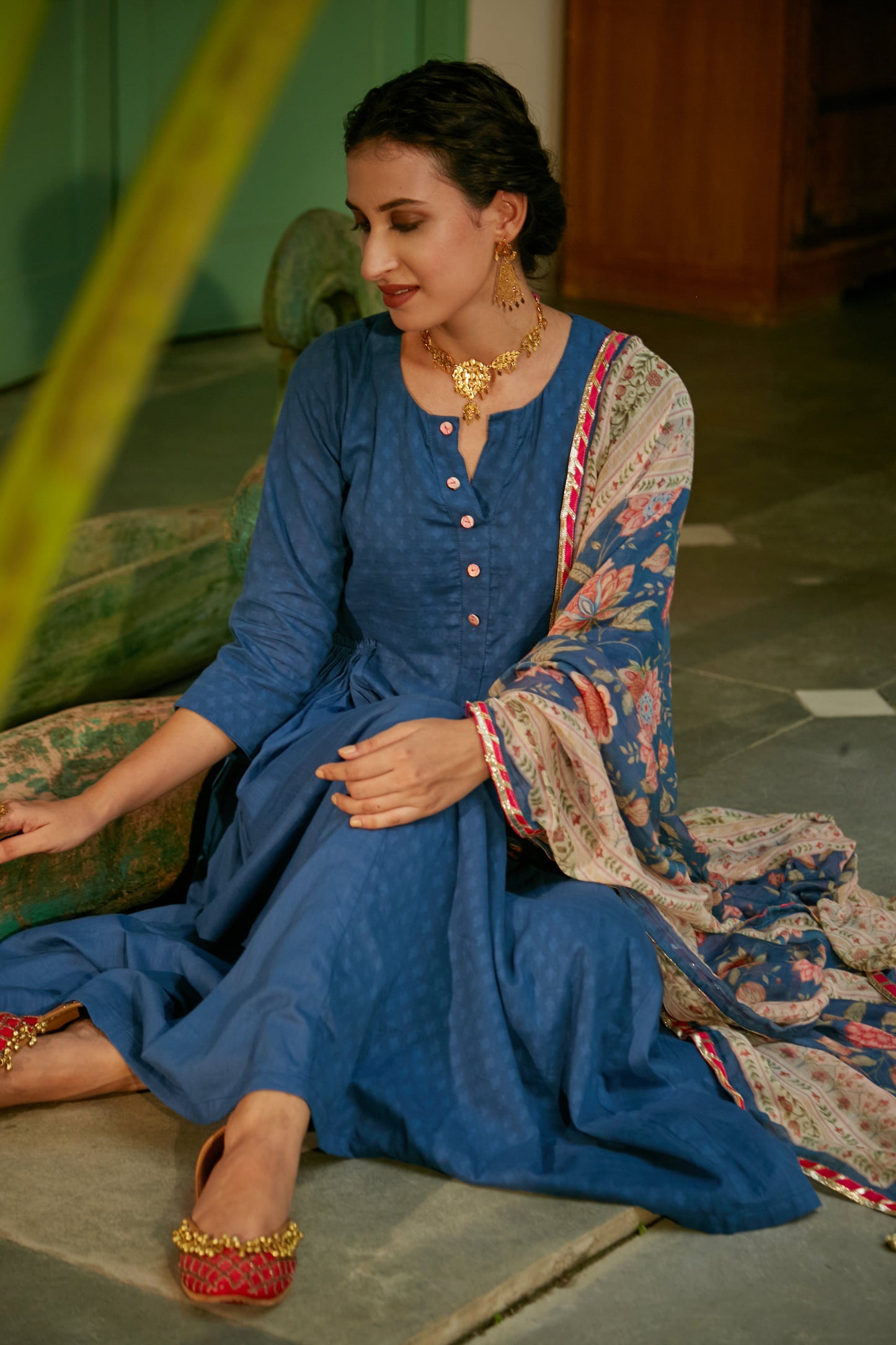 MidNight Blue side gathered Anarkali with Palazzo and Printed Dupatta- set of 3