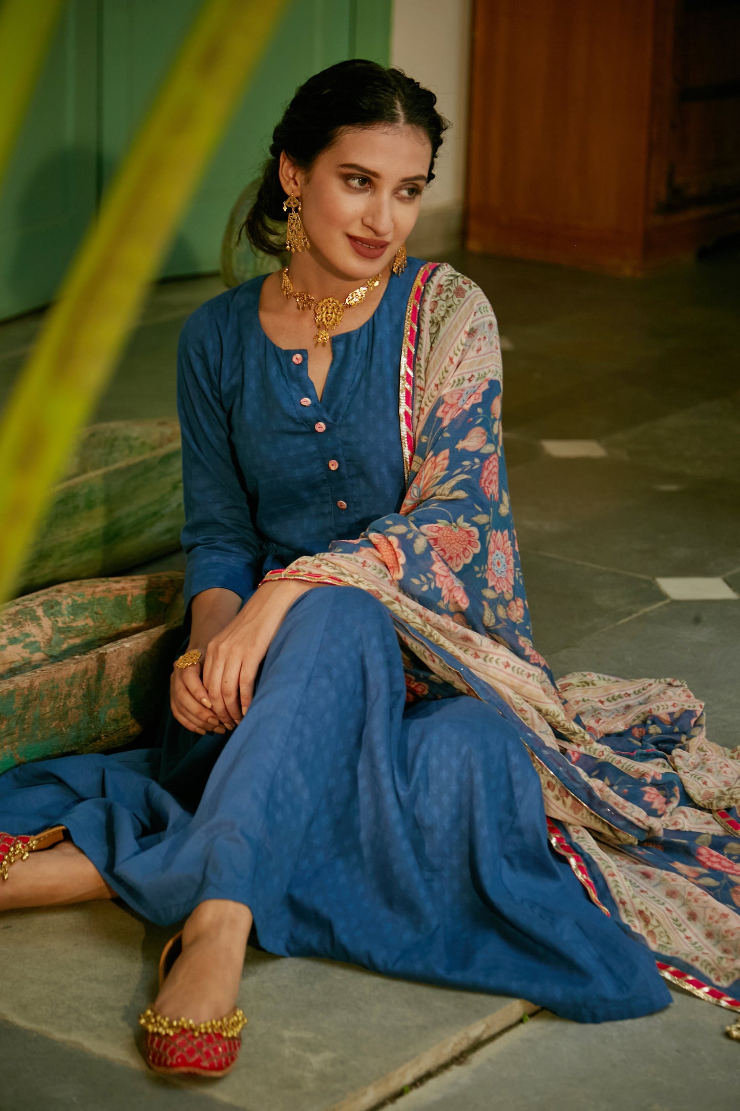 MidNight Blue side gathered Anarkali with Palazzo and Printed Dupatta- set of 3