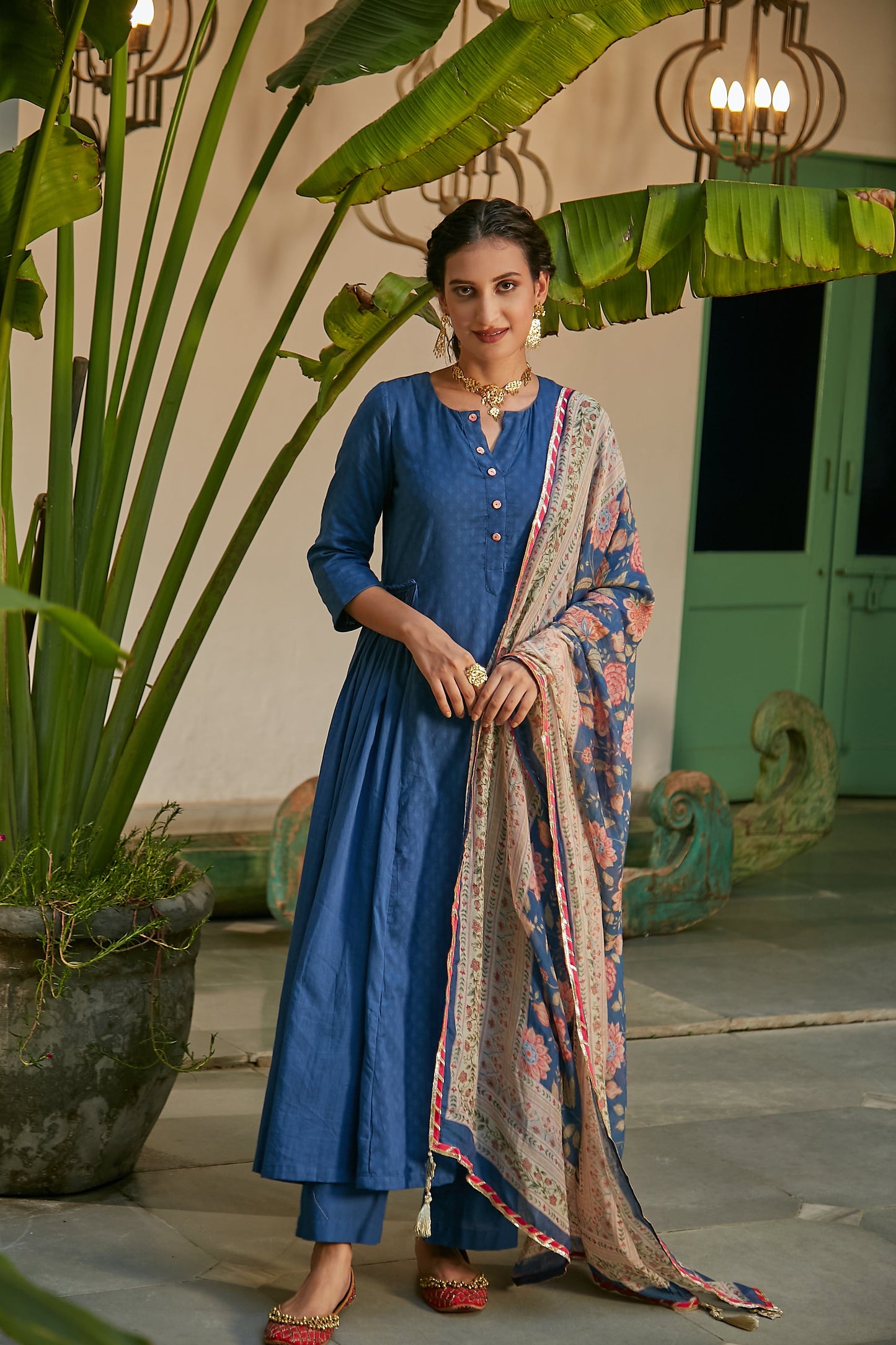 MidNight Blue side gathered Anarkali with Palazzo and Printed Dupatta- set of 3