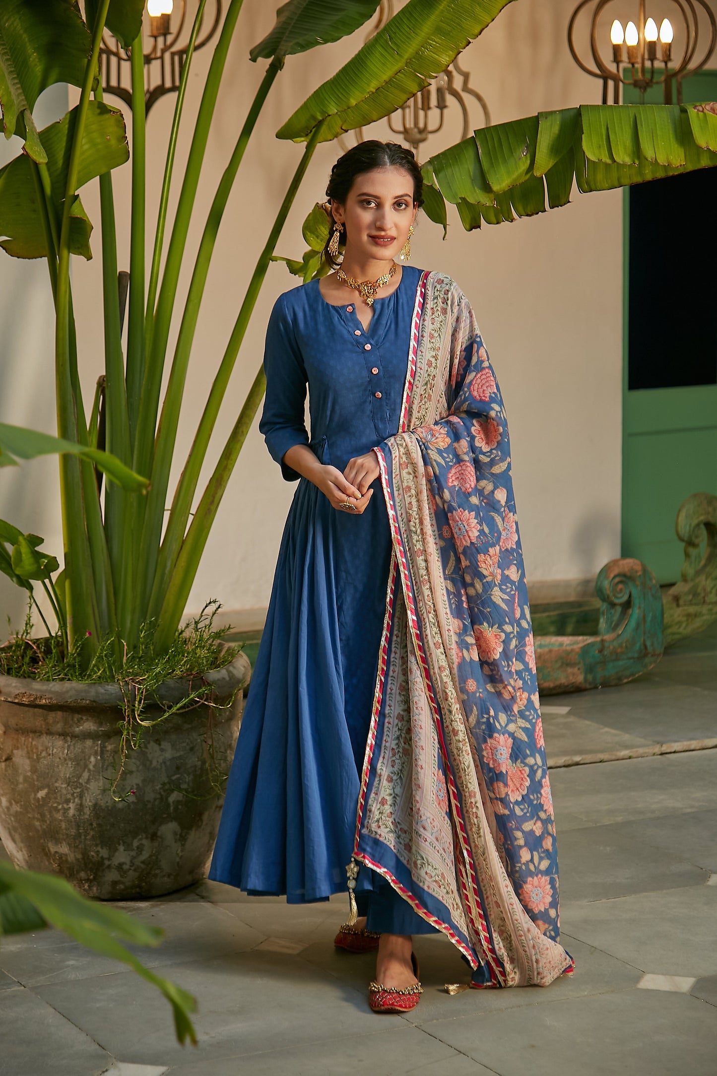 MidNight Blue side gathered Anarkali with Palazzo and Printed Dupatta- set of 3