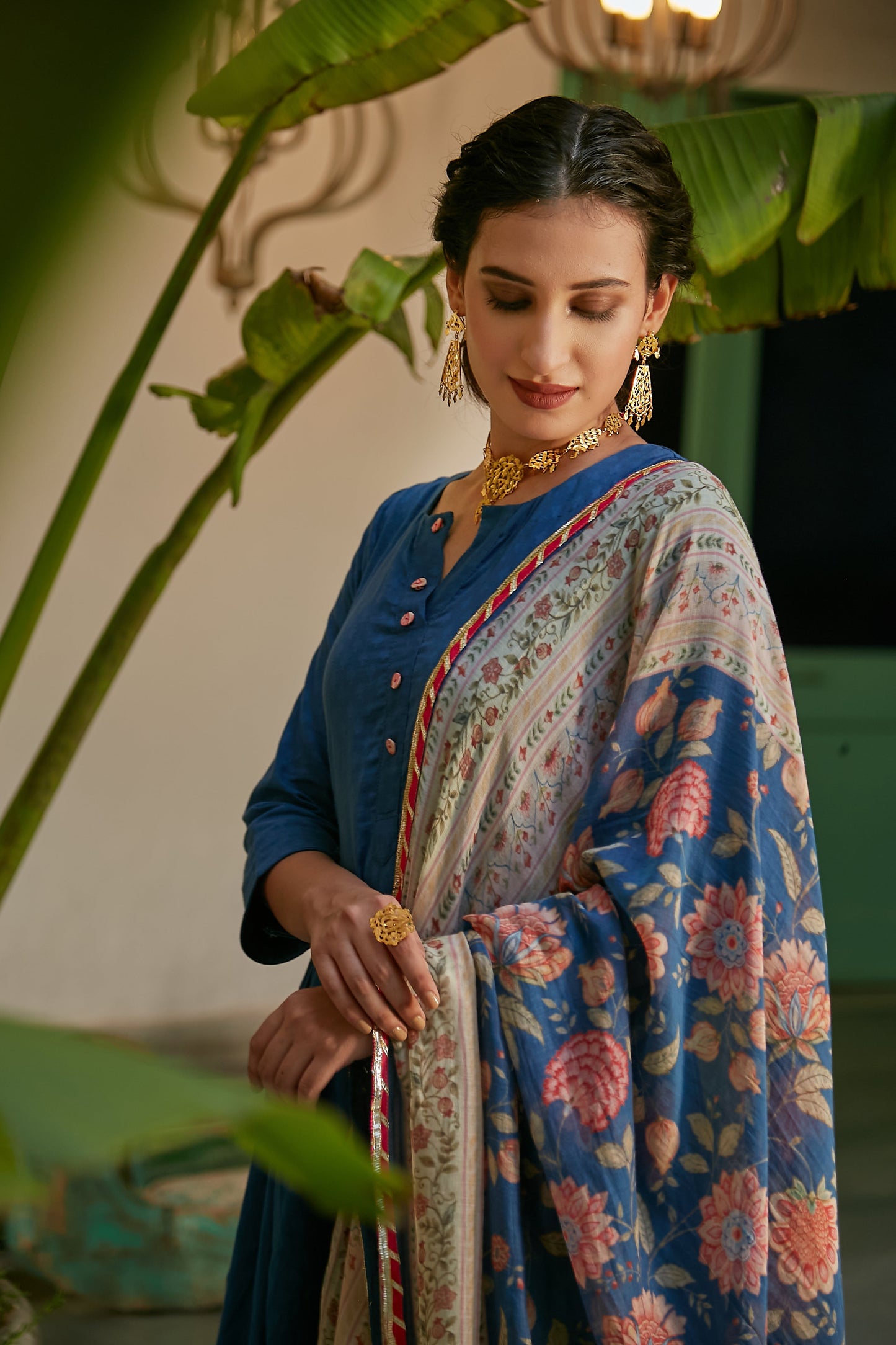 MidNight Blue side gathered Anarkali with Palazzo and Printed Dupatta- set of 3