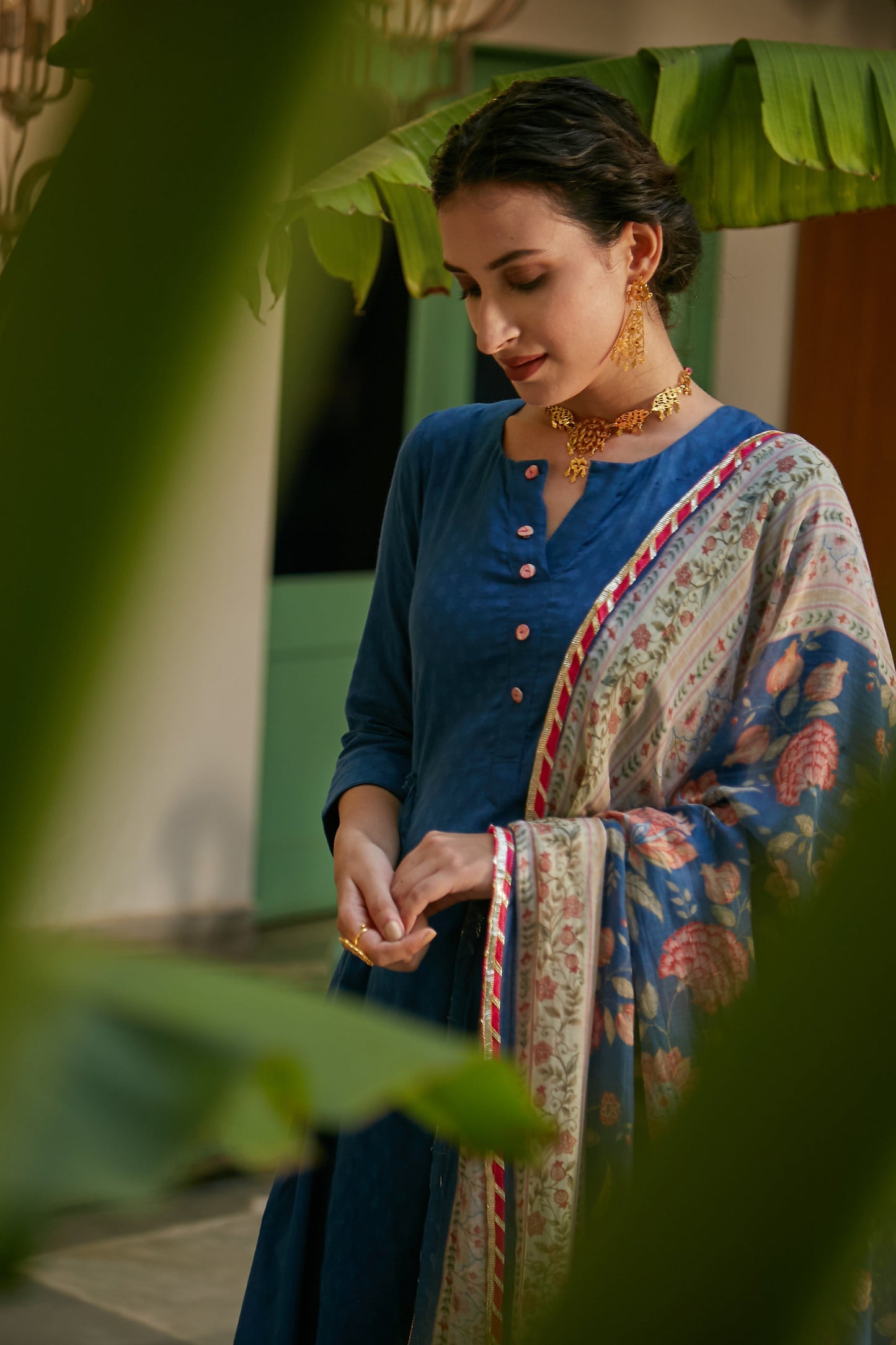 MidNight Blue side gathered Anarkali with Palazzo and Printed Dupatta- set of 3