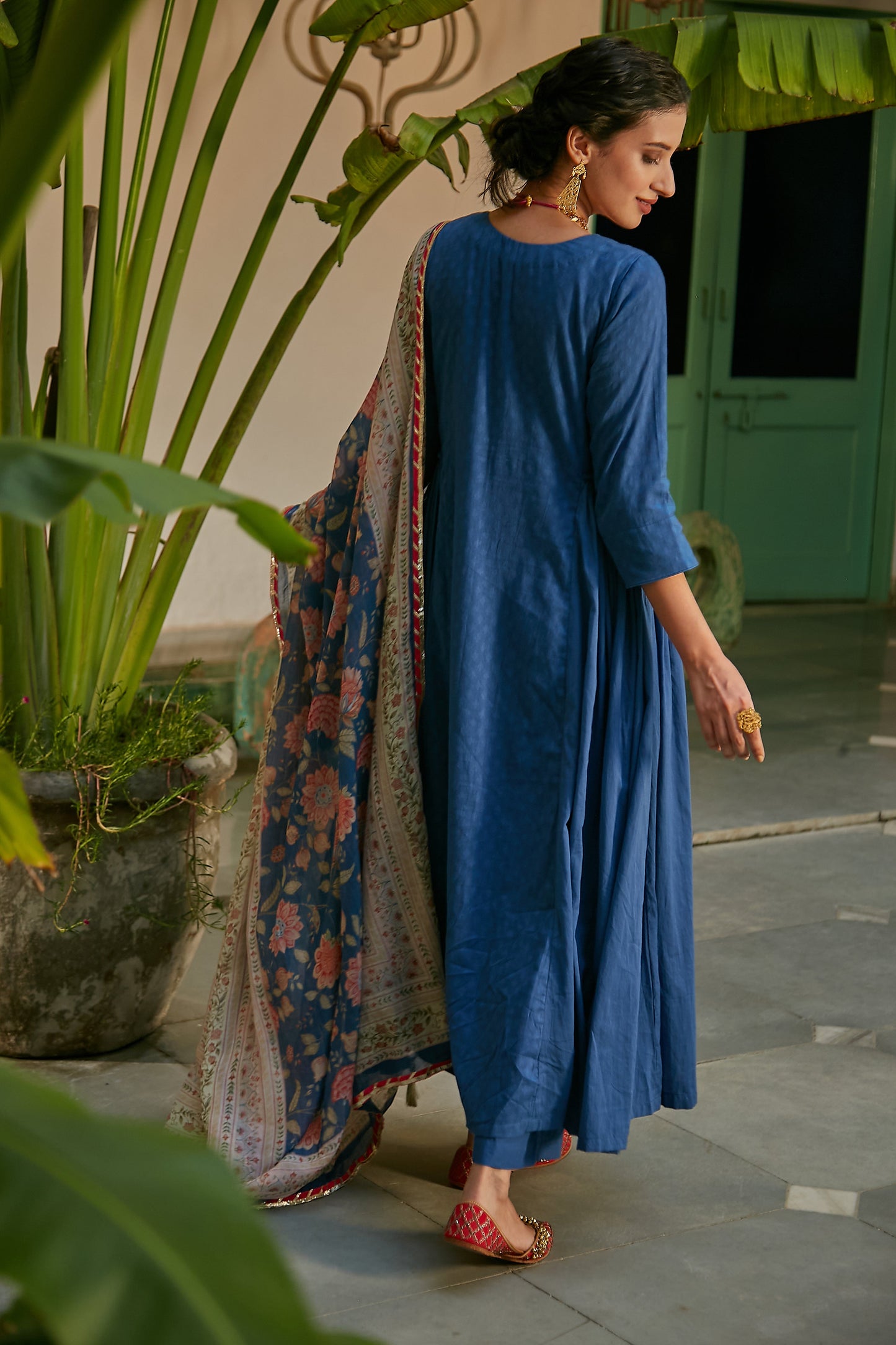 MidNight Blue side gathered Anarkali with Palazzo and Printed Dupatta- set of 3
