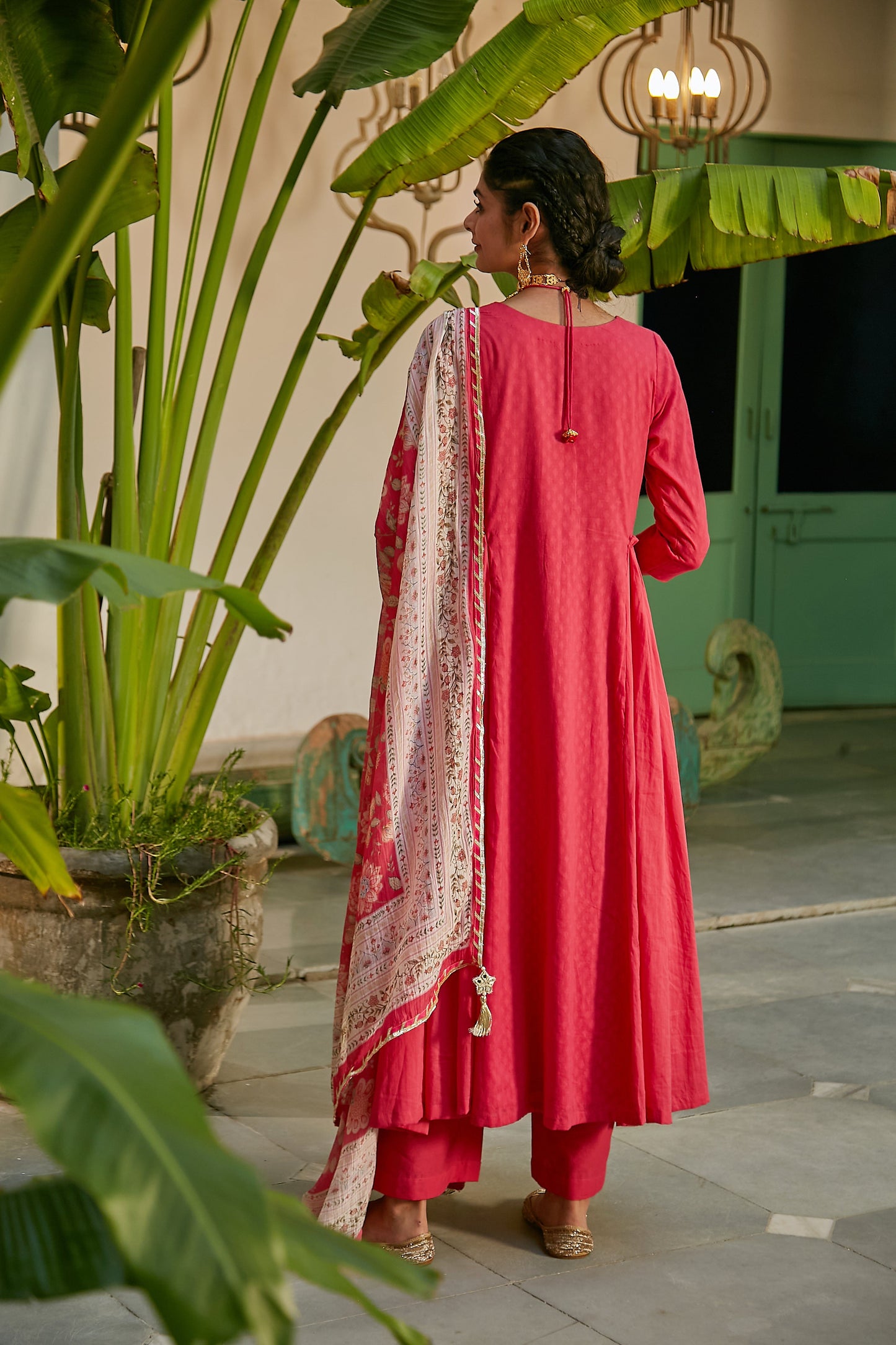 Hot Pink side gathered Anarkali with Palazzo and Printed Dupatta- set of 3