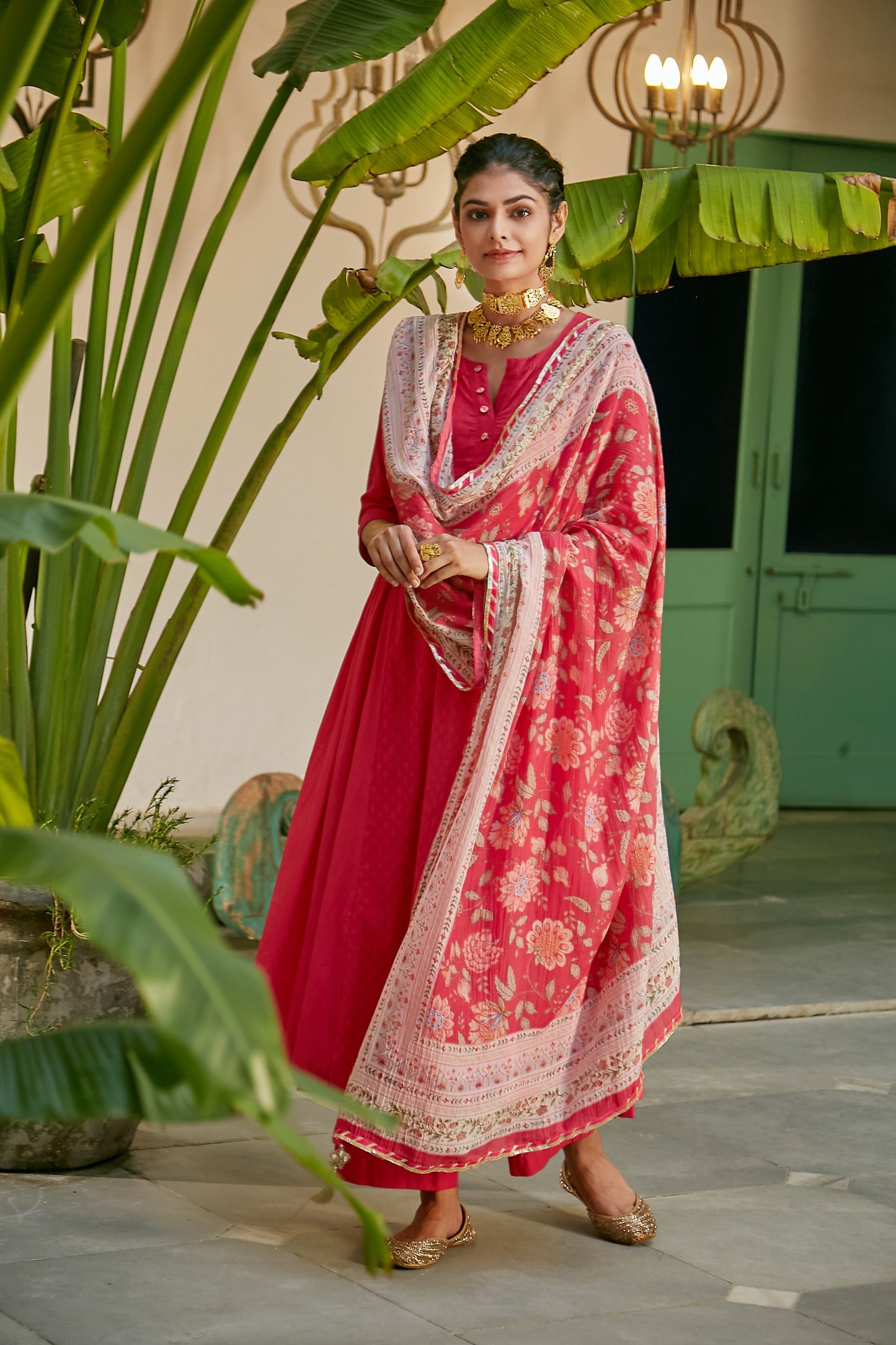 Hot Pink side gathered Anarkali with Palazzo and Printed Dupatta- set of 3