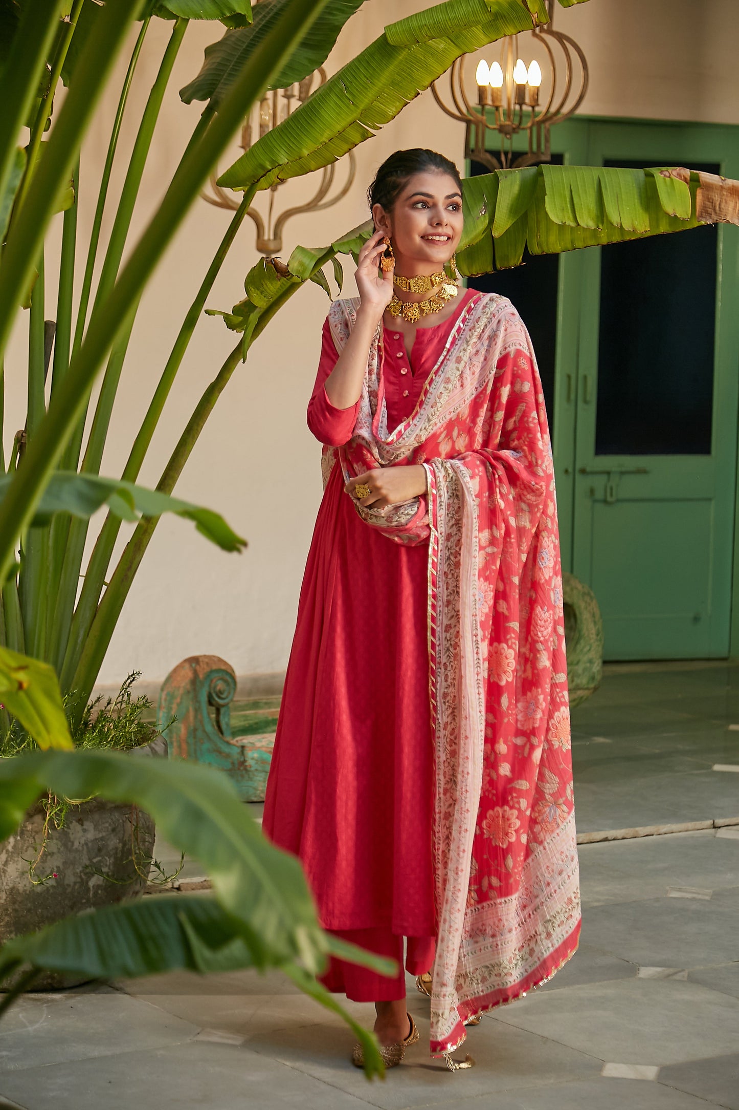 Hot Pink side gathered Anarkali with Palazzo and Printed Dupatta- set of 3