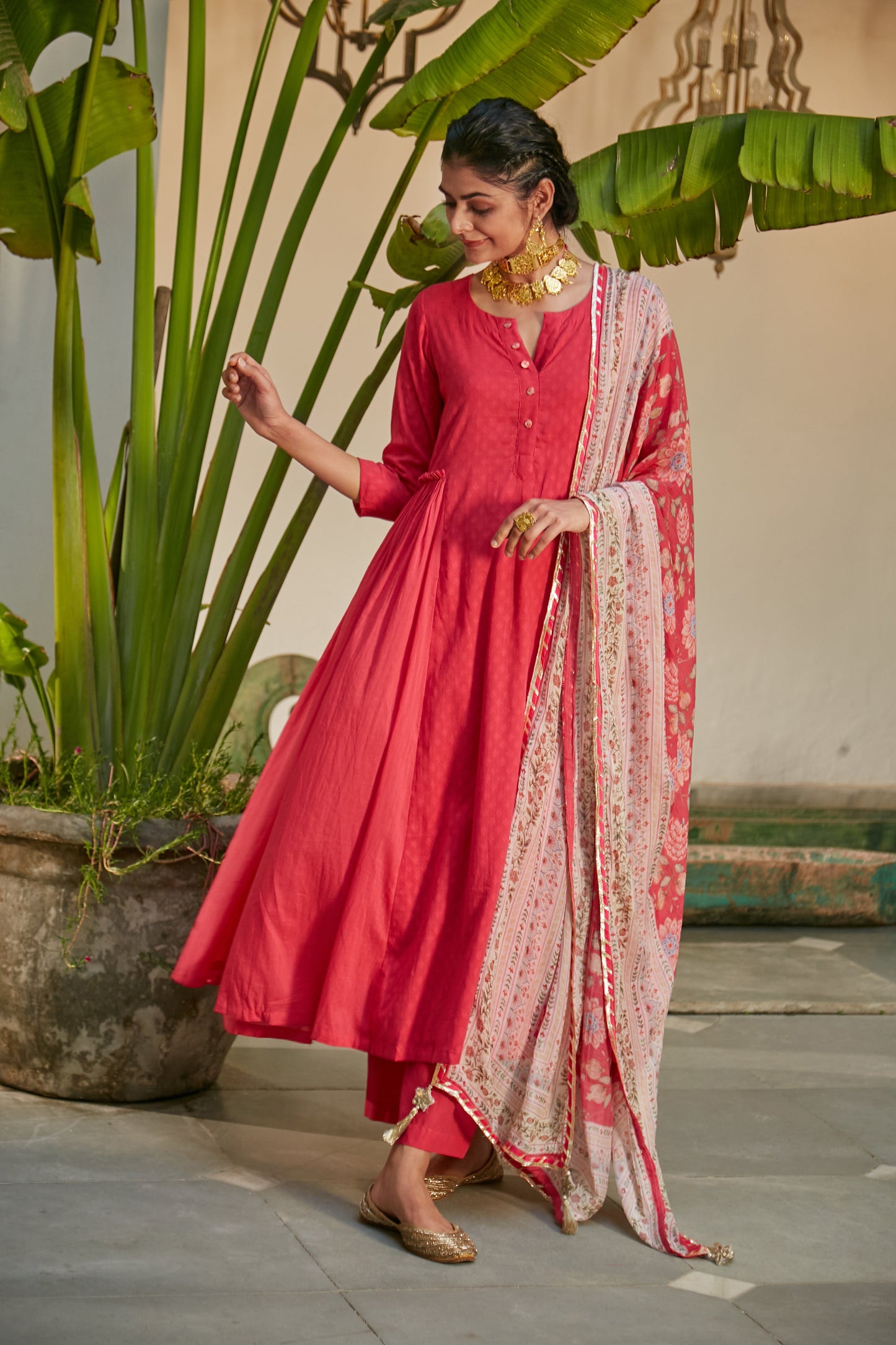 Hot Pink side gathered Anarkali with Palazzo and Printed Dupatta- set of 3