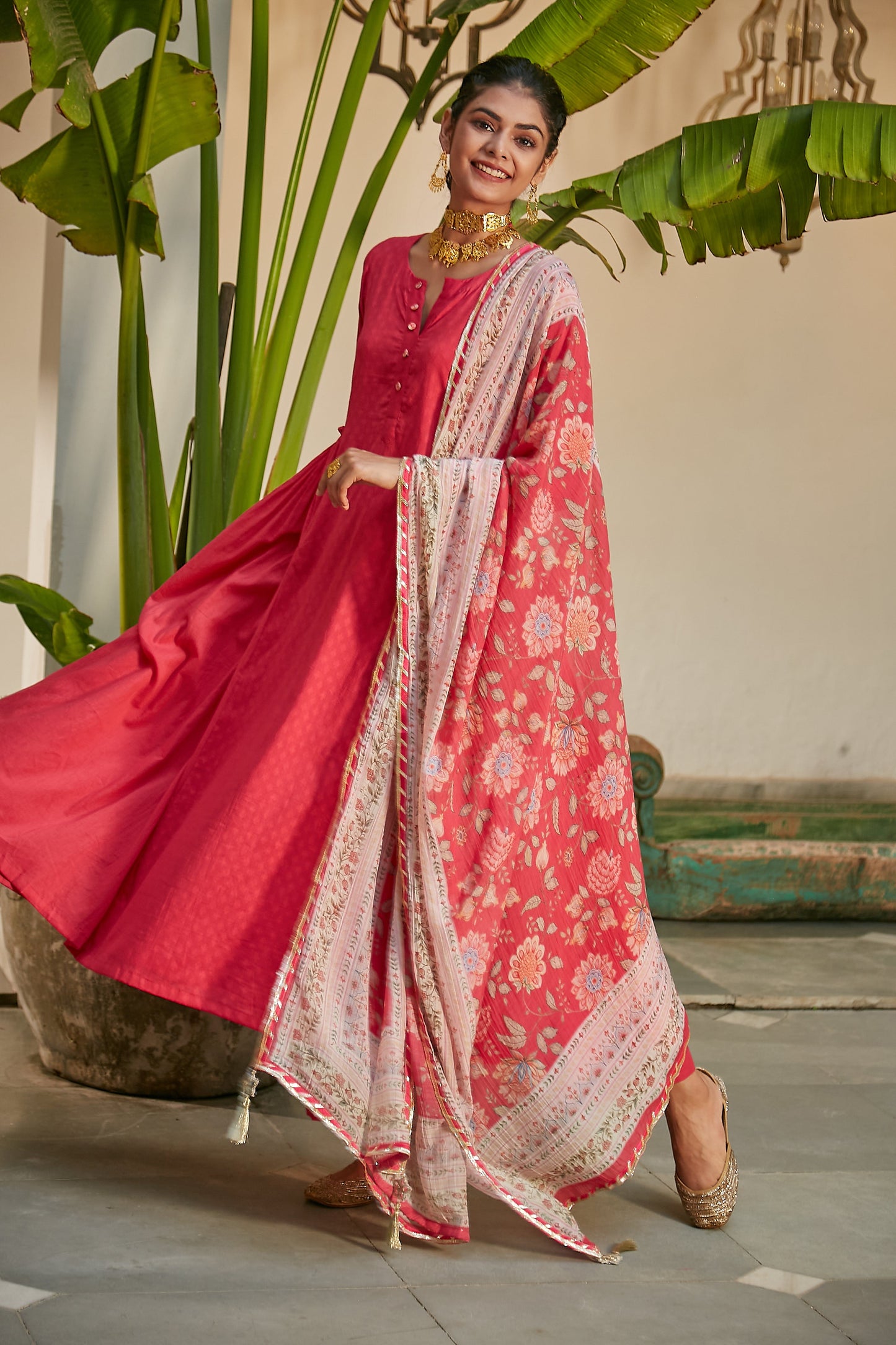 Hot Pink side gathered Anarkali with Palazzo and Printed Dupatta- set of 3