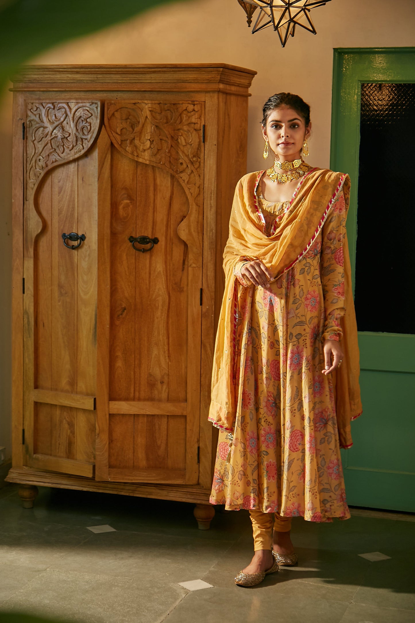 Yellow printed Anarkali with Chooridar and Dupatta- set of 3