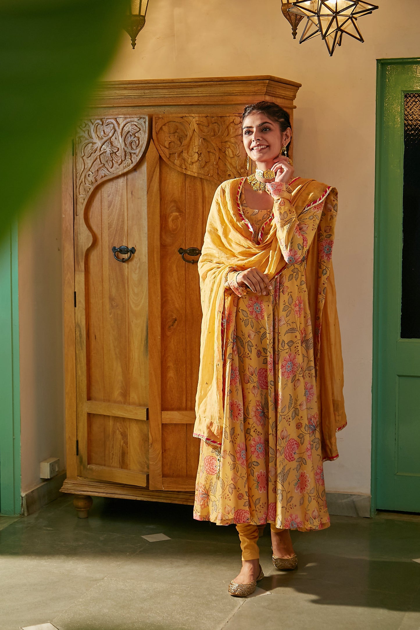 Yellow printed Anarkali with Chooridar and Dupatta- set of 3