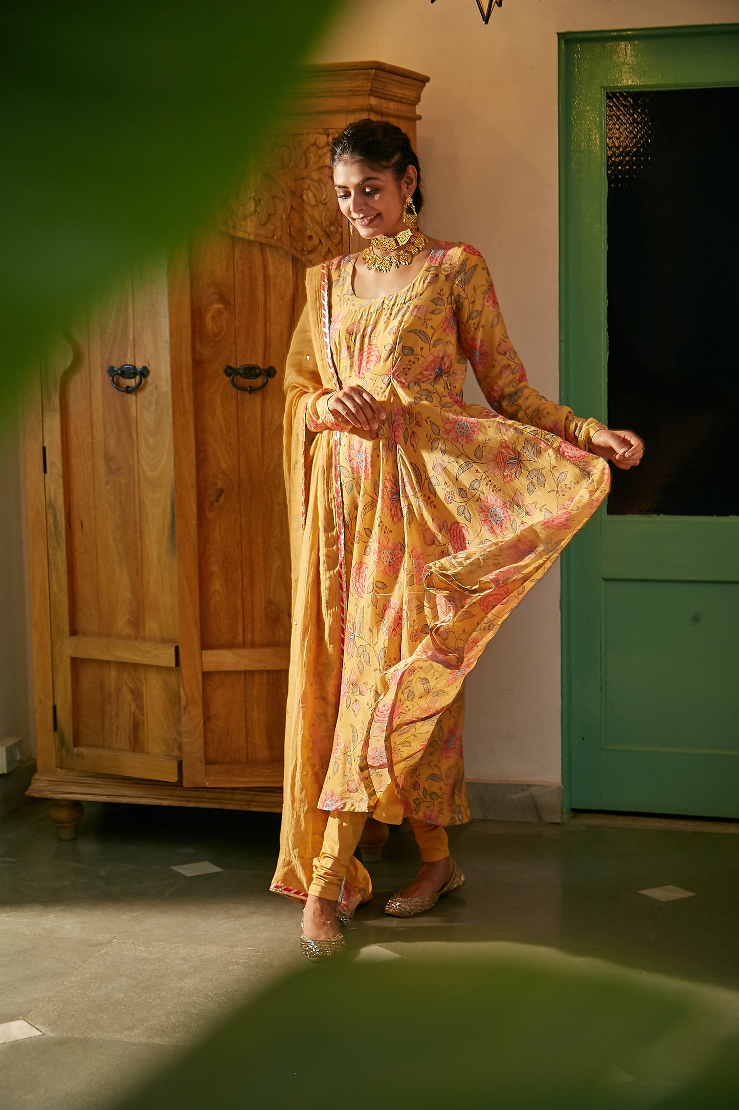 Yellow printed Anarkali with Chooridar and Dupatta- set of 3
