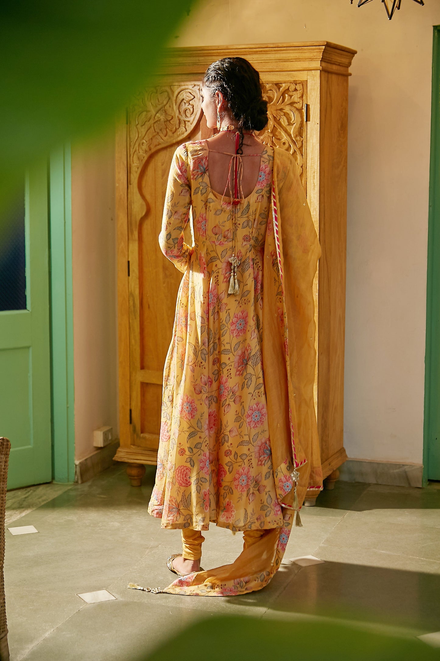Yellow printed Anarkali with Chooridar and Dupatta- set of 3