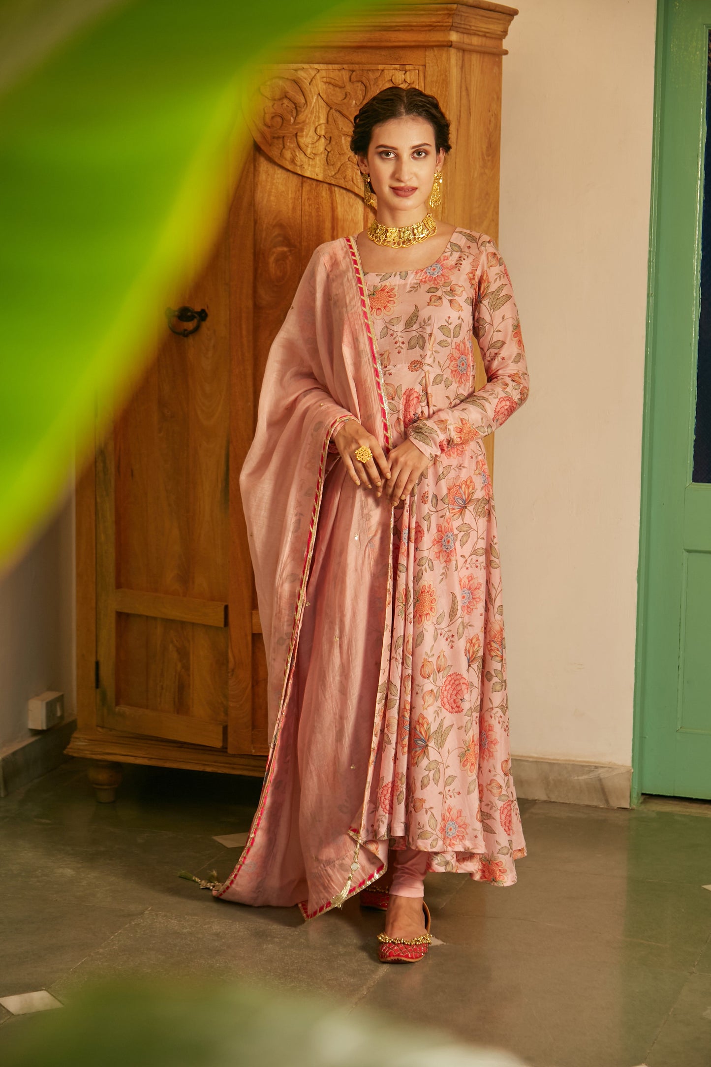 Blush Pink printed Anarkali with Chooridar and Dupatta- set of 3