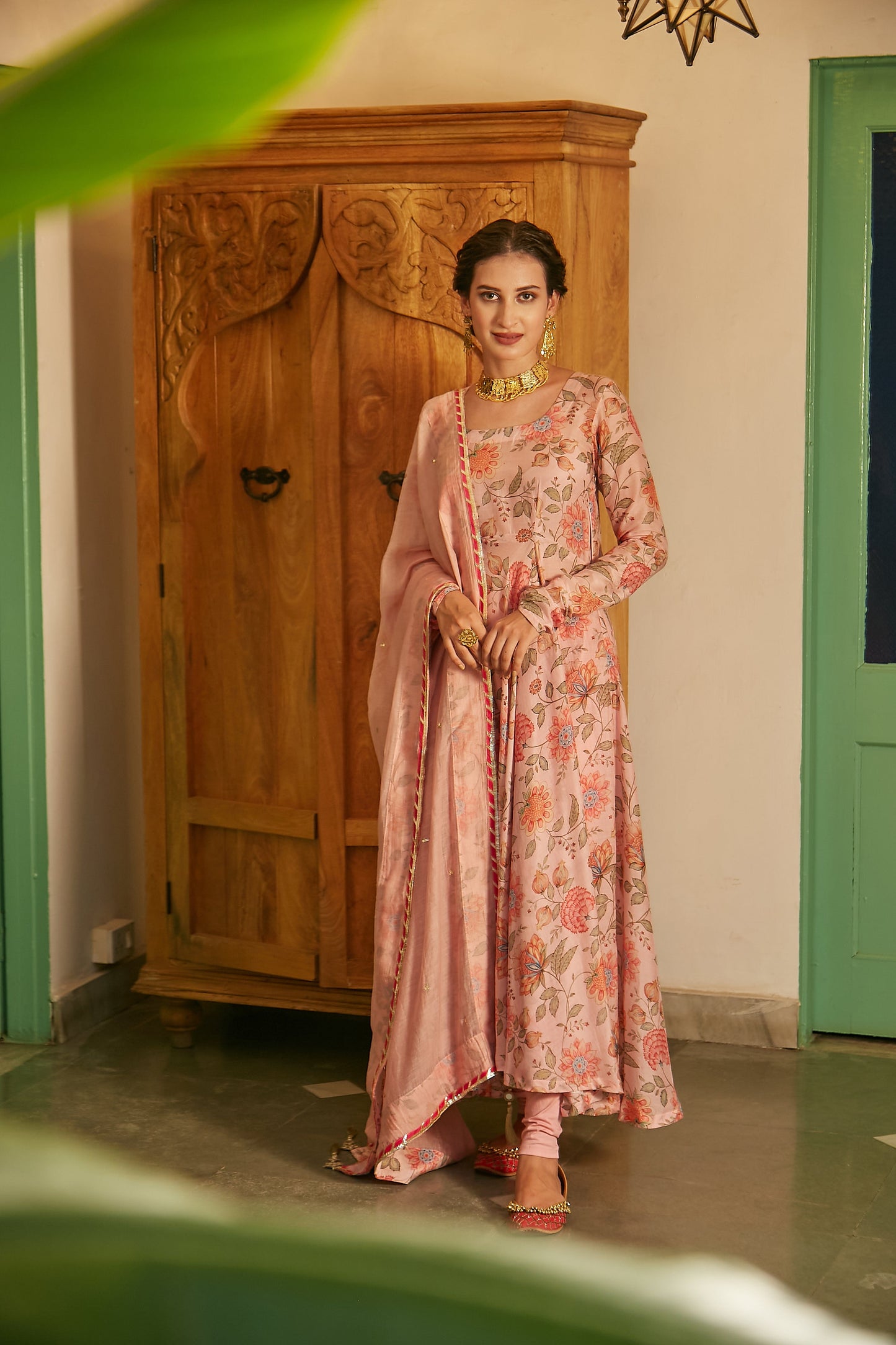Blush Pink printed Anarkali with Chooridar and Dupatta- set of 3