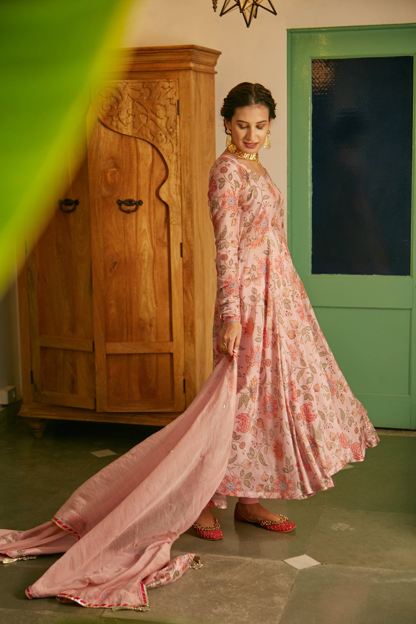 Blush Pink printed Anarkali with Chooridar and Dupatta- set of 3