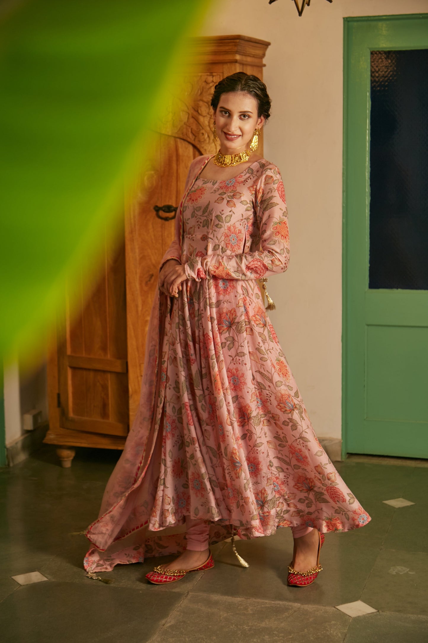 Blush Pink printed Anarkali with Chooridar and Dupatta- set of 3