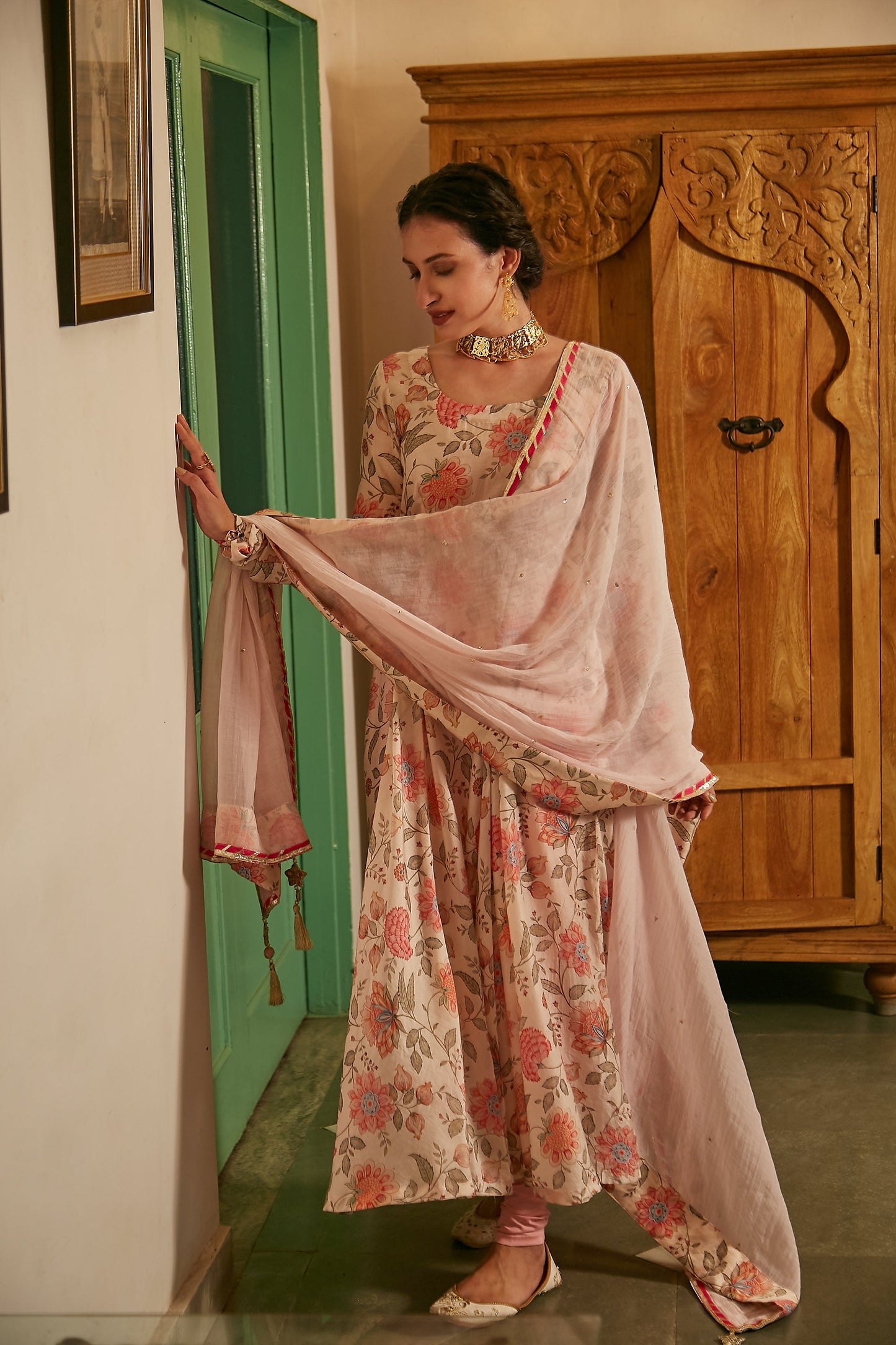 Daisy White printed Anarkali with Chooridar and Dupatta- set of 3