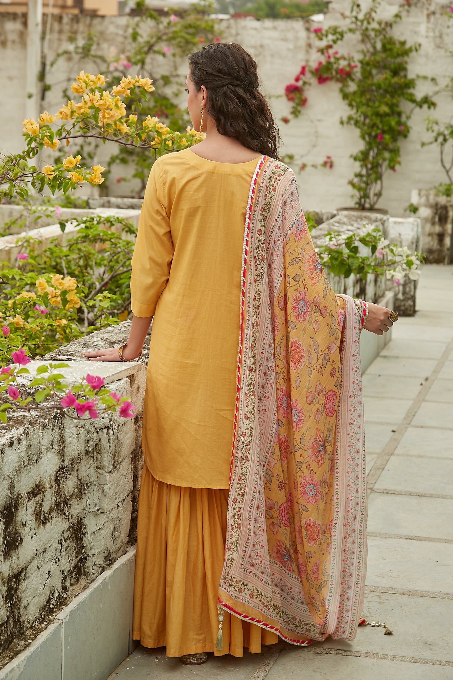 Yellow short kurta with Sharara and Printed Dupatta- set of 3