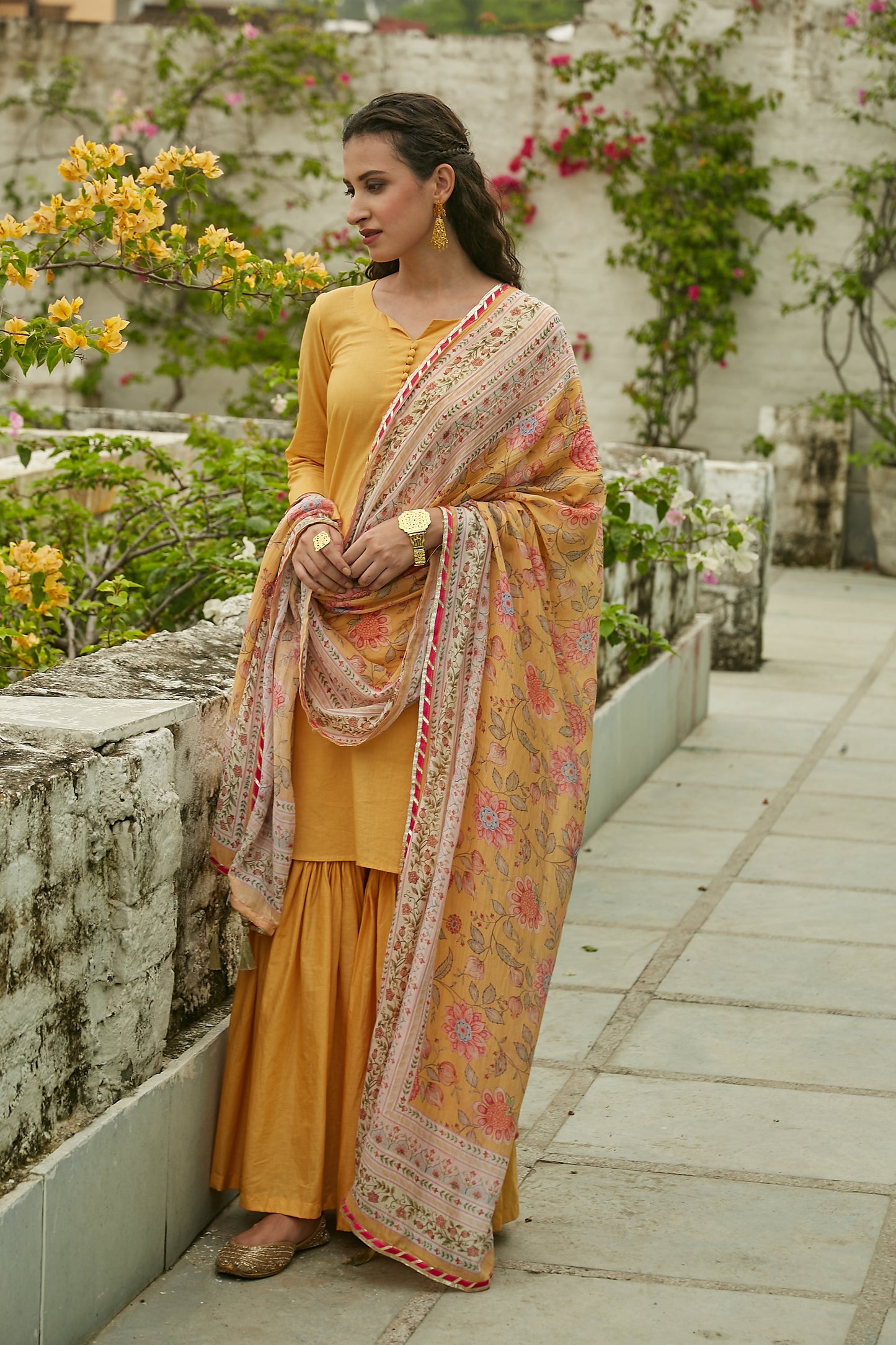 Yellow short kurta with Sharara and Printed Dupatta- set of 3