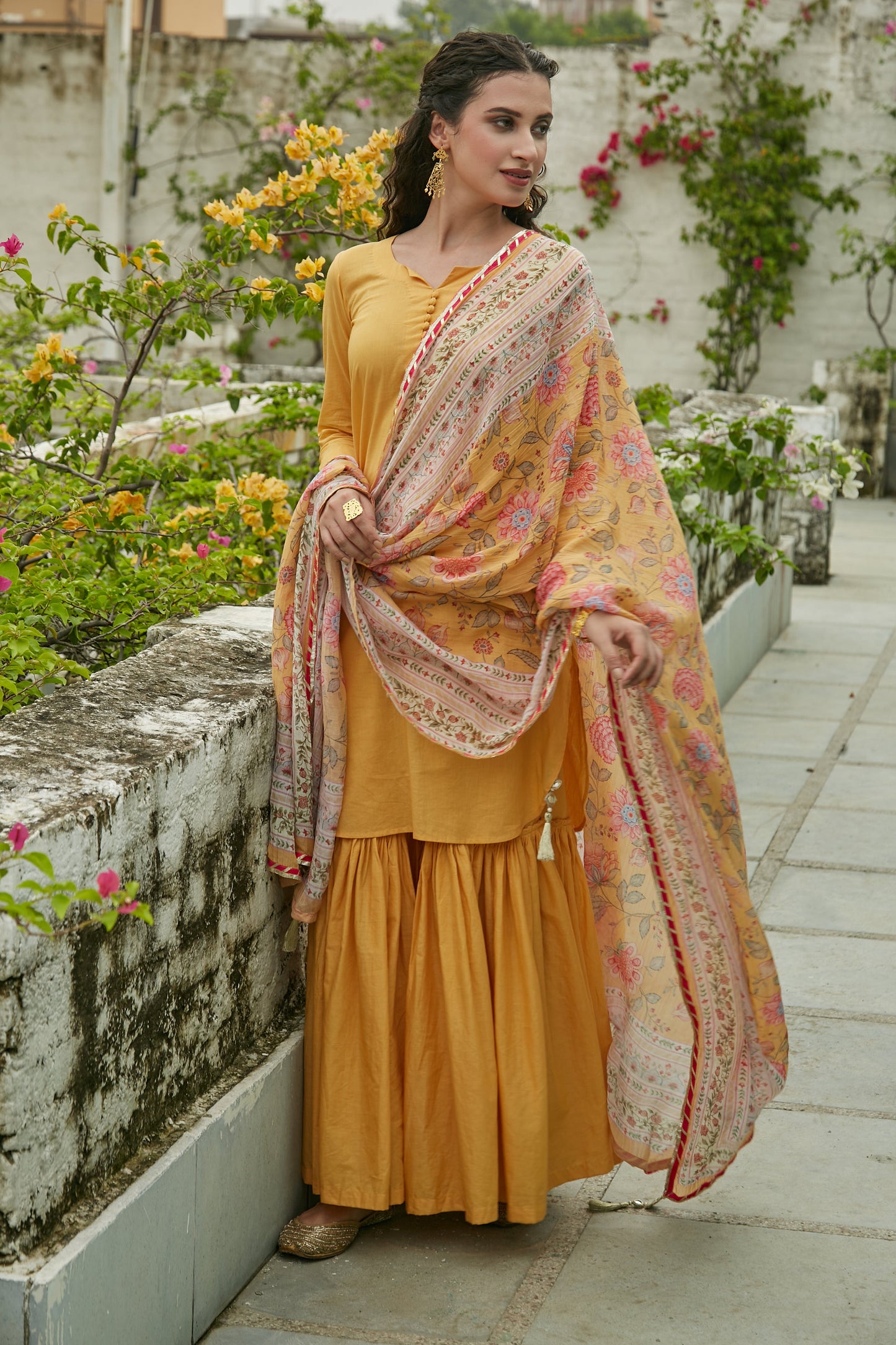 Yellow short kurta with Sharara and Printed Dupatta- set of 3