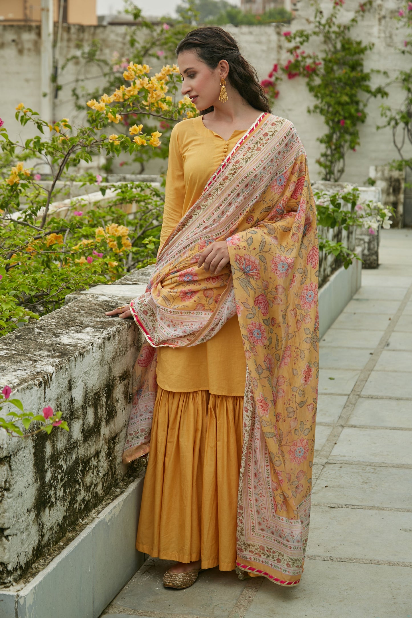 Yellow short kurta with Sharara and Printed Dupatta- set of 3