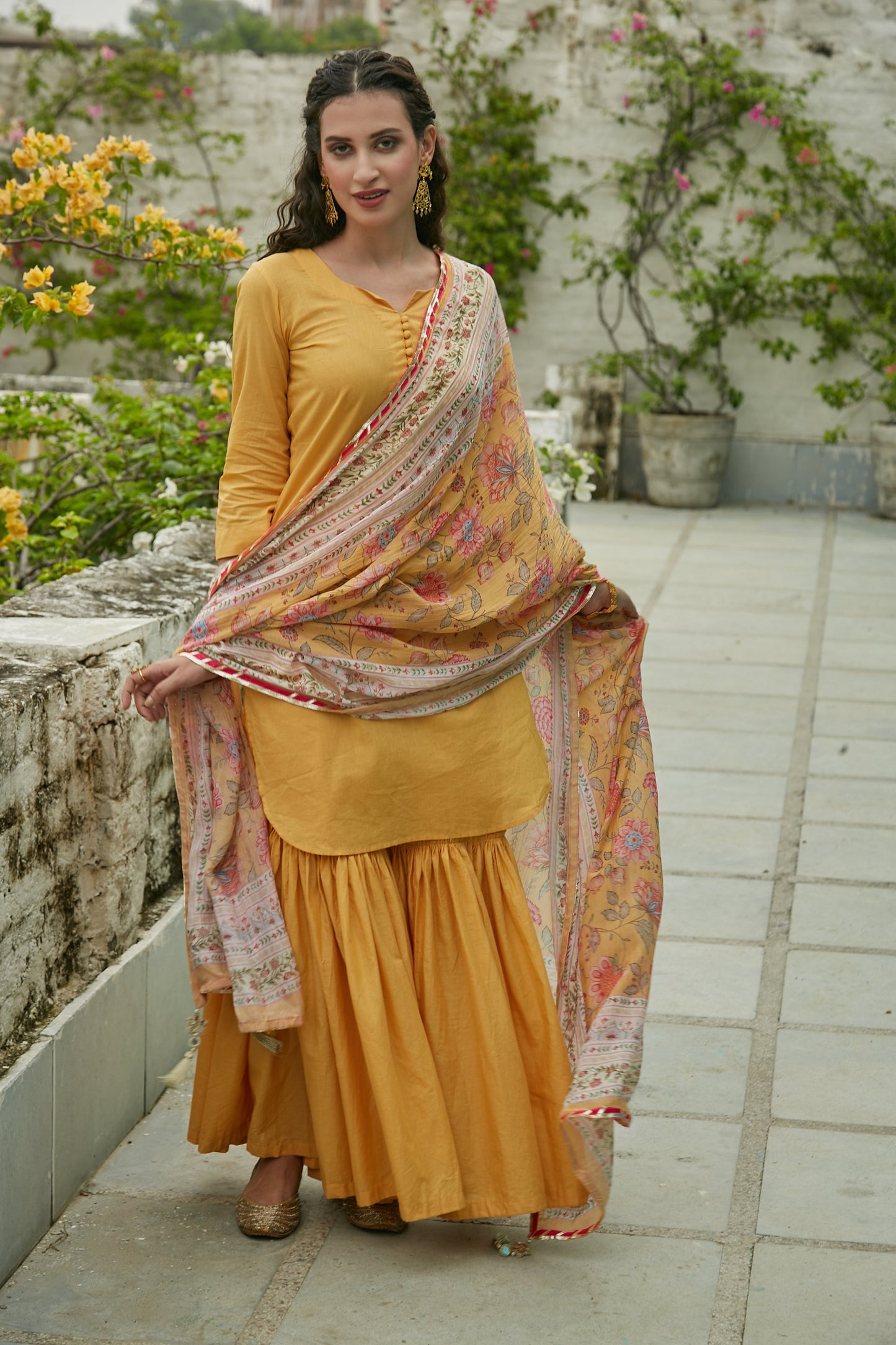 Yellow short kurta with Sharara and Printed Dupatta- set of 3