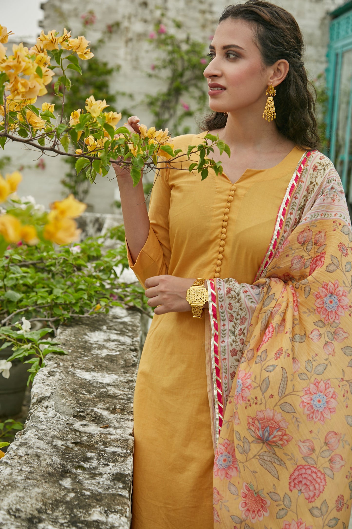 Yellow short kurta with Sharara and Printed Dupatta- set of 3