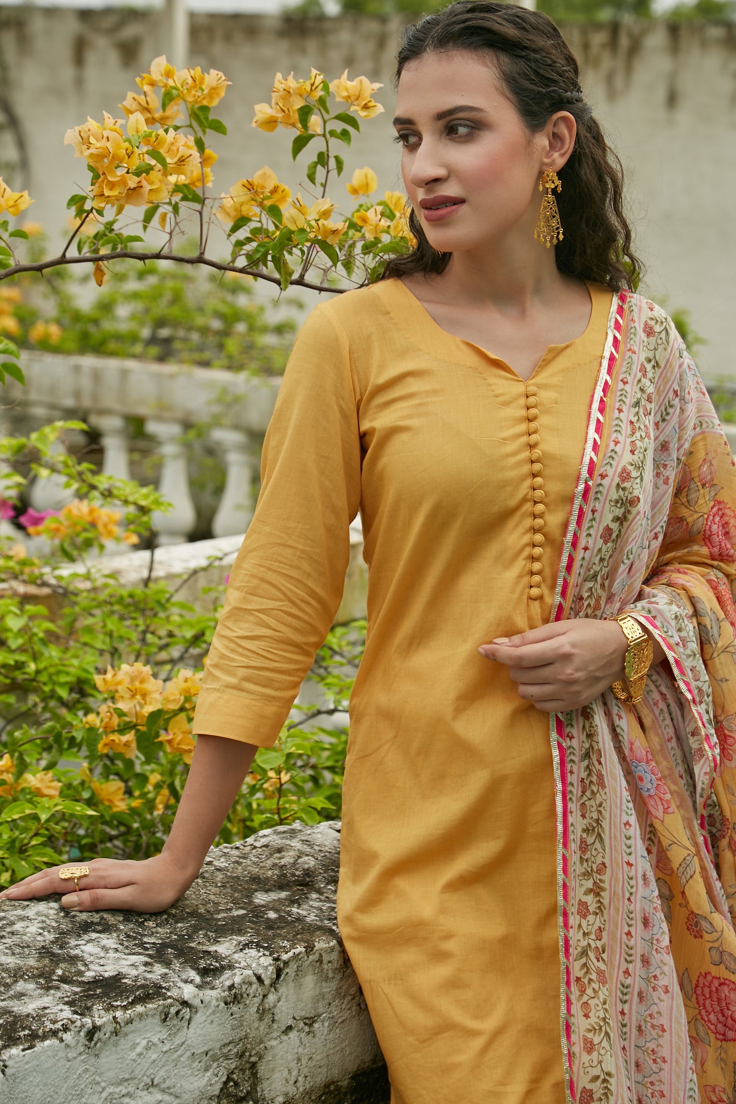 Yellow short kurta with Sharara and Printed Dupatta- set of 3