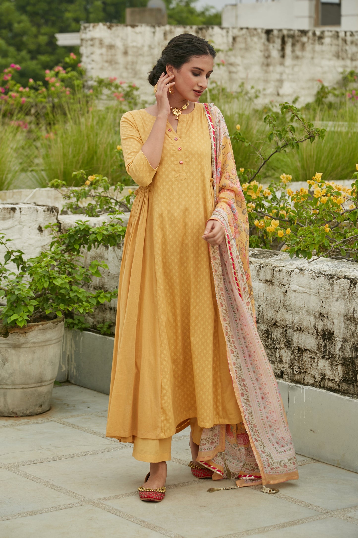 Yellow side gathered Anarkali with Palazzo and Printed Dupatta- set of 3