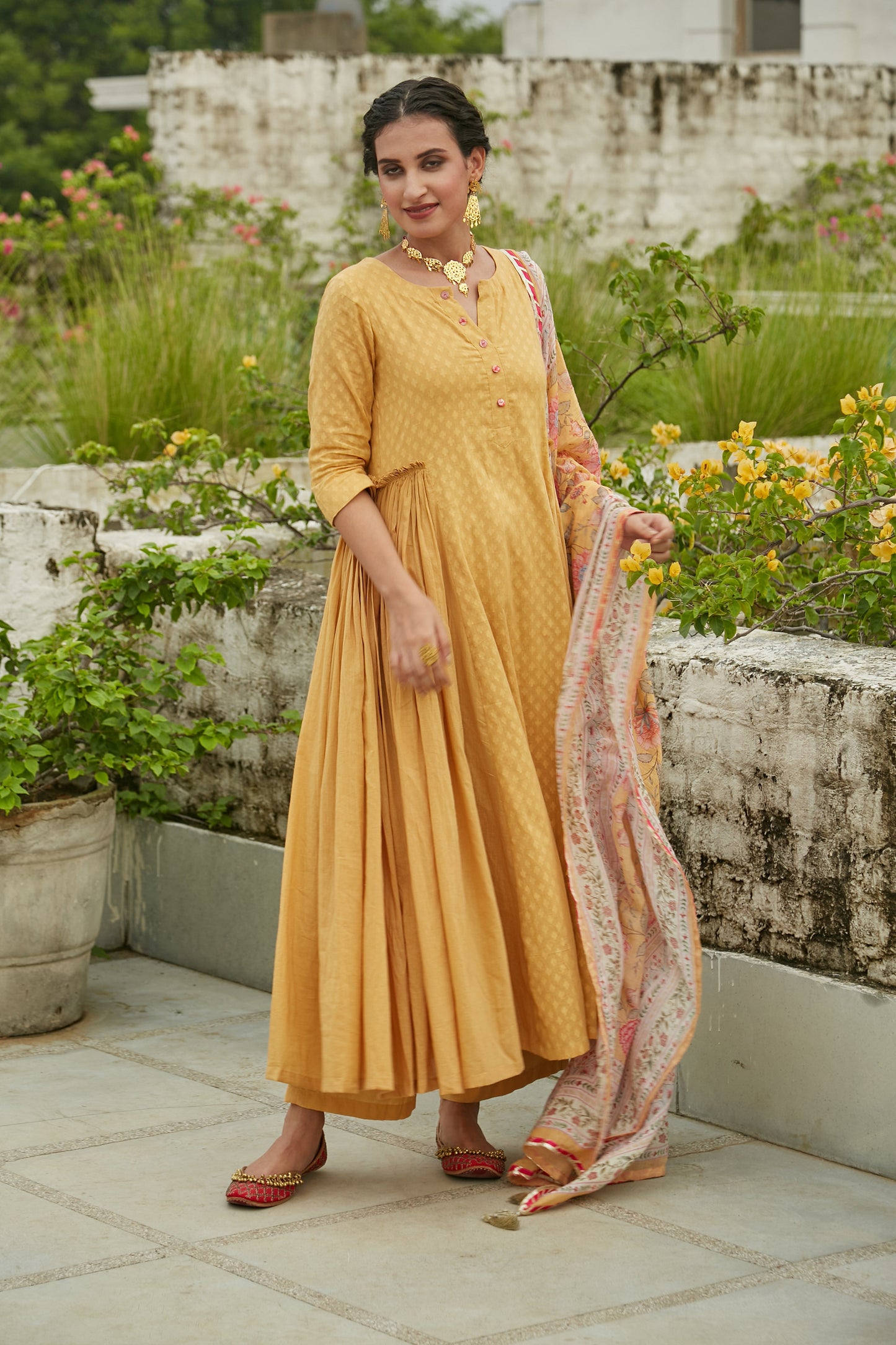Yellow side gathered Anarkali with Palazzo and Printed Dupatta- set of 3