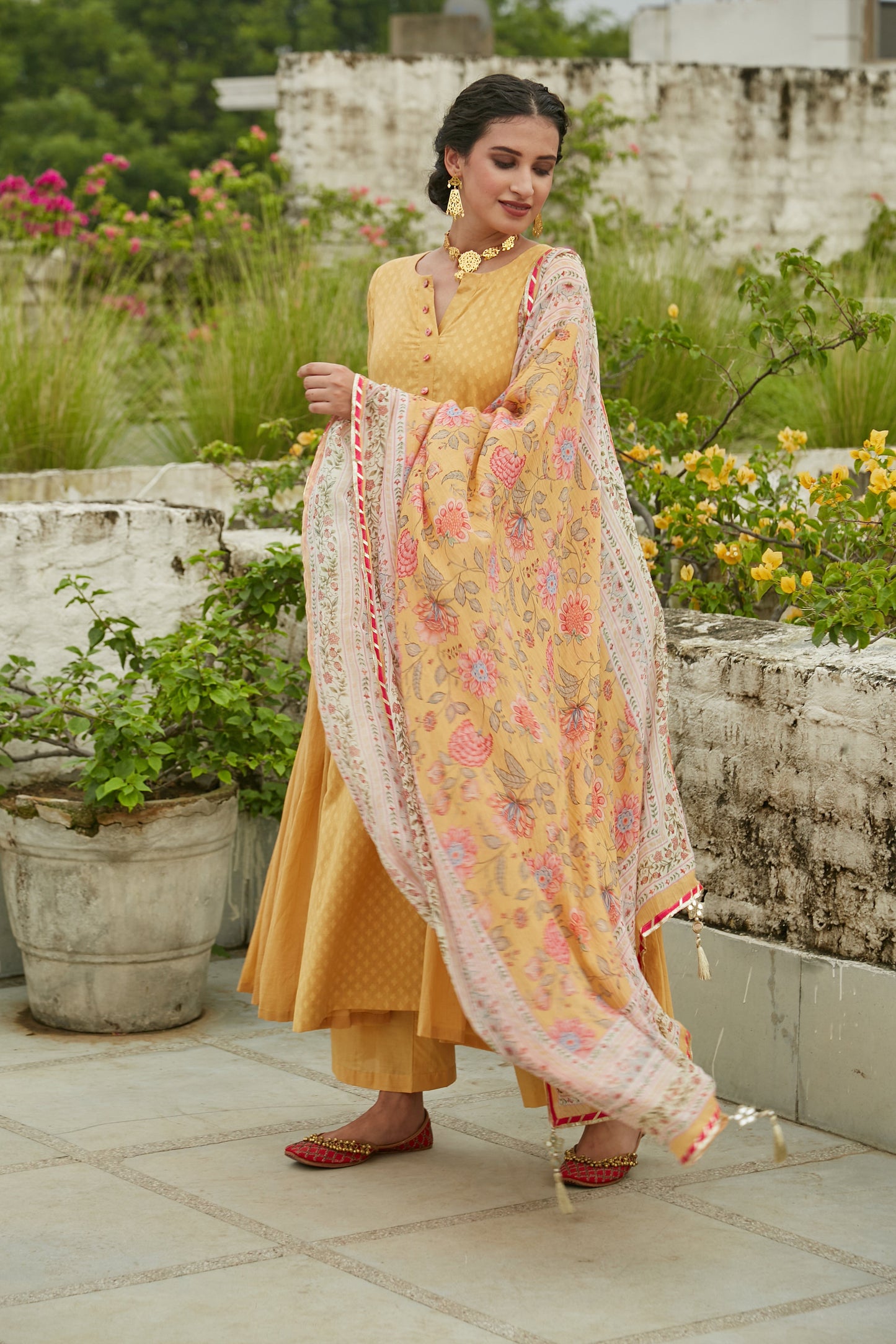 Yellow side gathered Anarkali with Palazzo and Printed Dupatta- set of 3