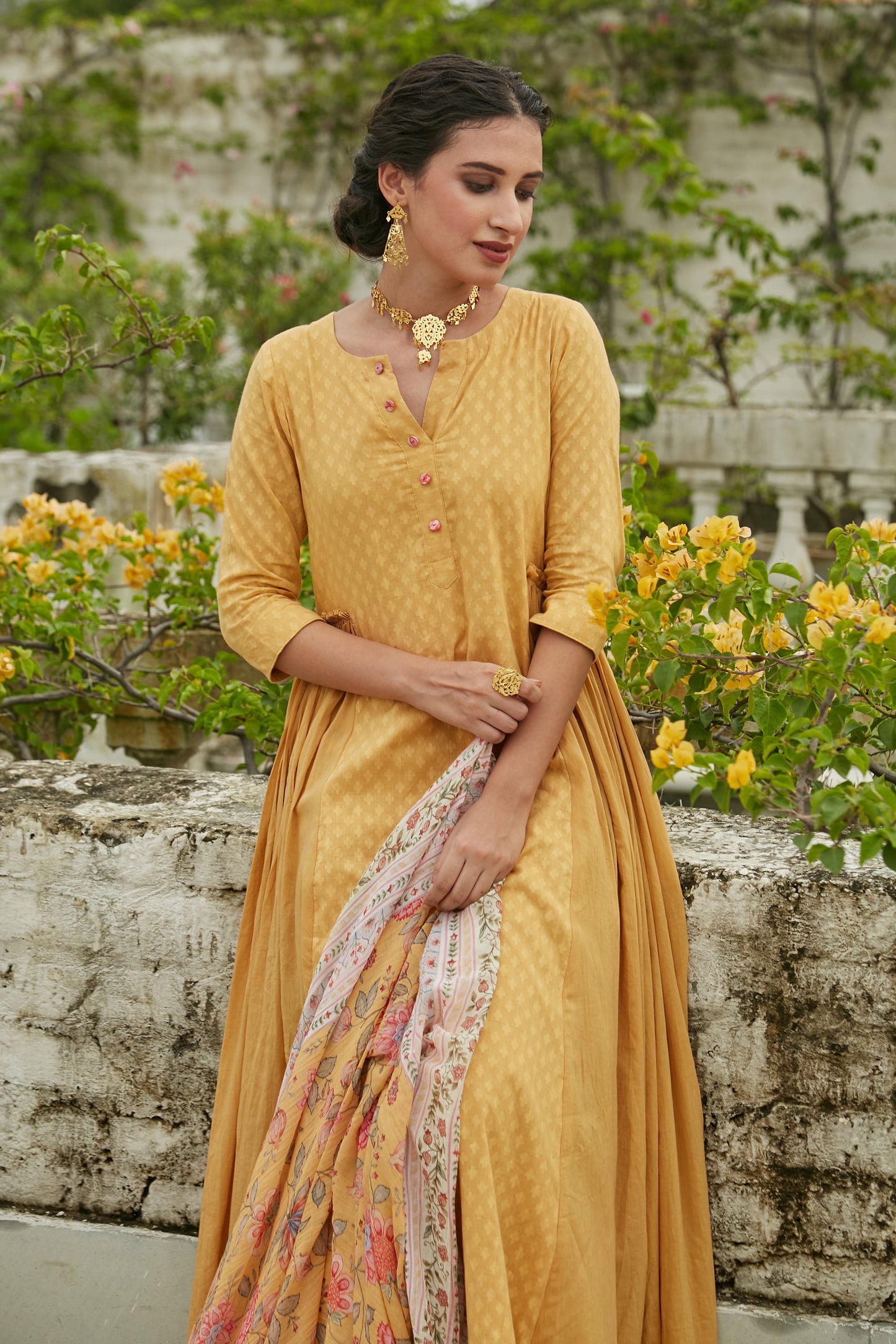 Yellow side gathered Anarkali with Palazzo and Printed Dupatta- set of 3
