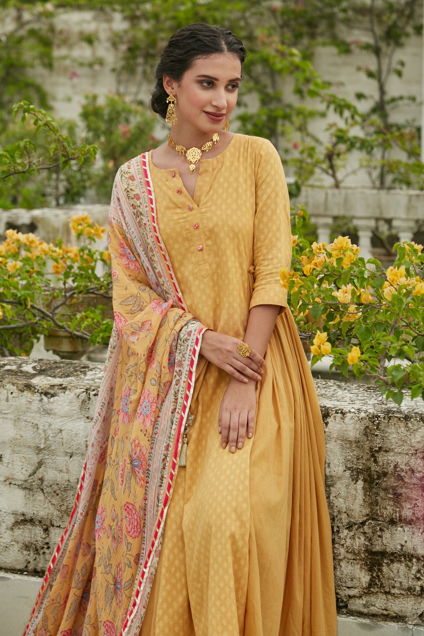 Yellow side gathered Anarkali with Palazzo and Printed Dupatta- set of 3