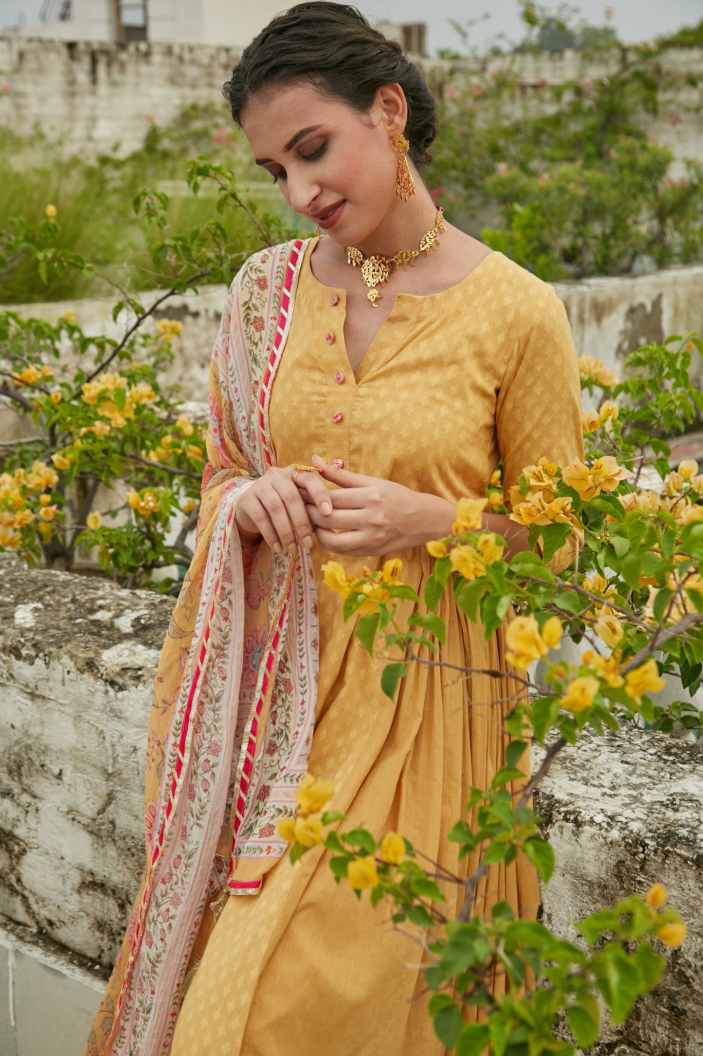 Yellow side gathered Anarkali with Palazzo and Printed Dupatta- set of 3