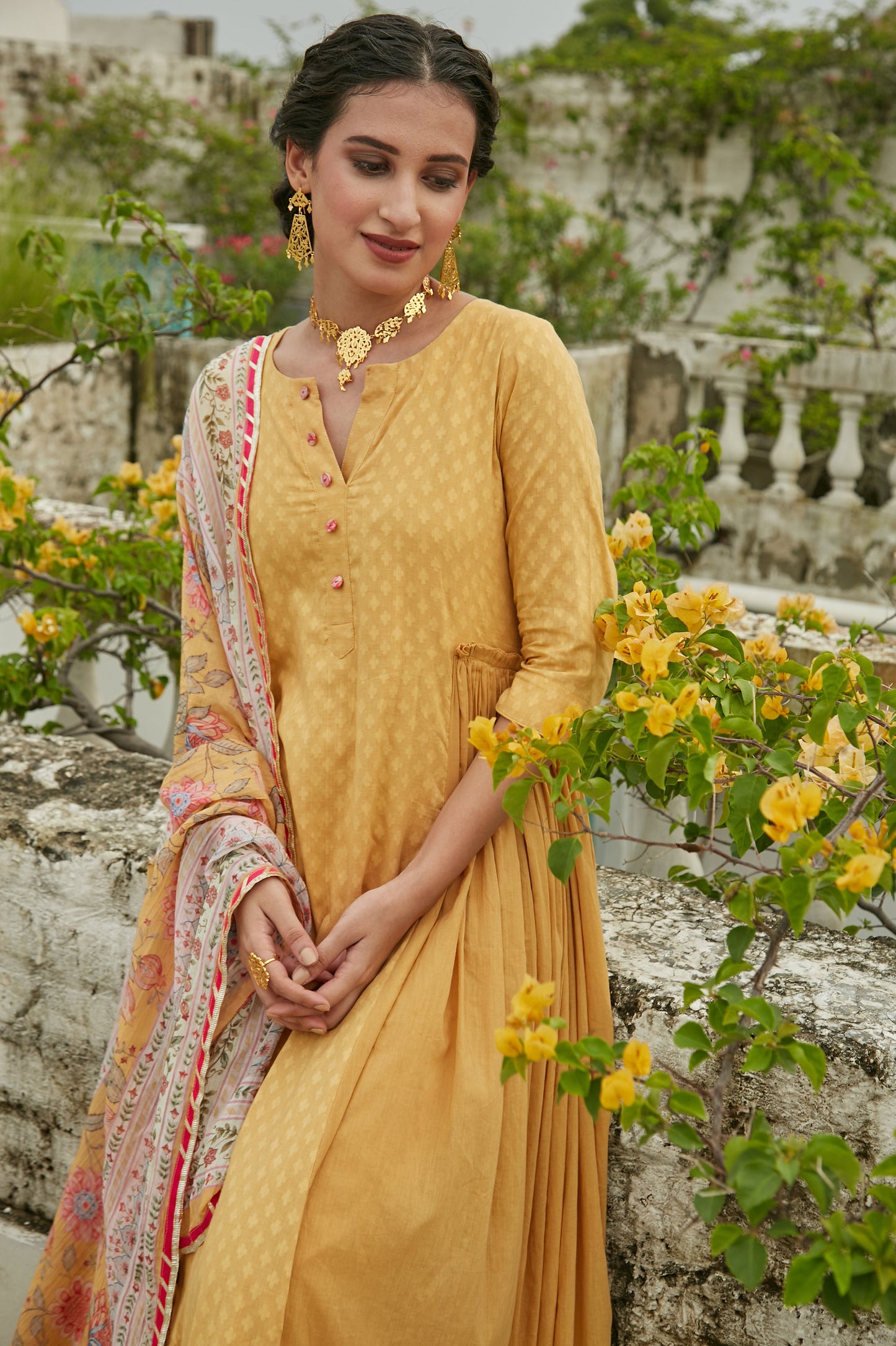Yellow side gathered Anarkali with Palazzo and Printed Dupatta- set of 3