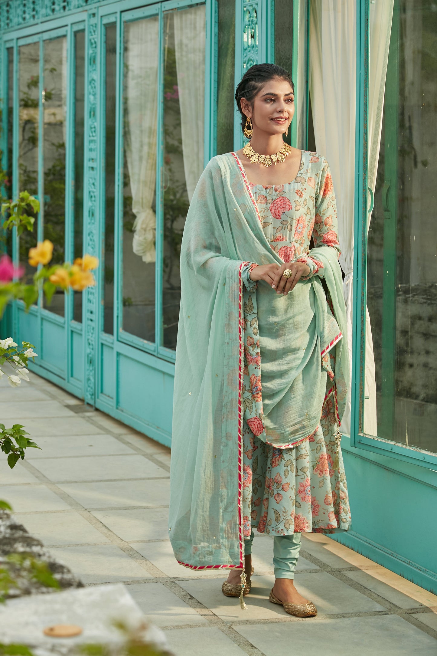 Aqua Blue printed Anarkali with Chooridar and Dupatta- set of 3