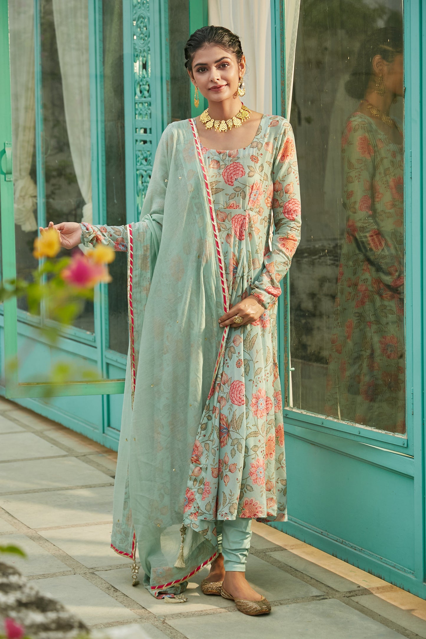 Aqua Blue printed Anarkali with Chooridar and Dupatta- set of 3