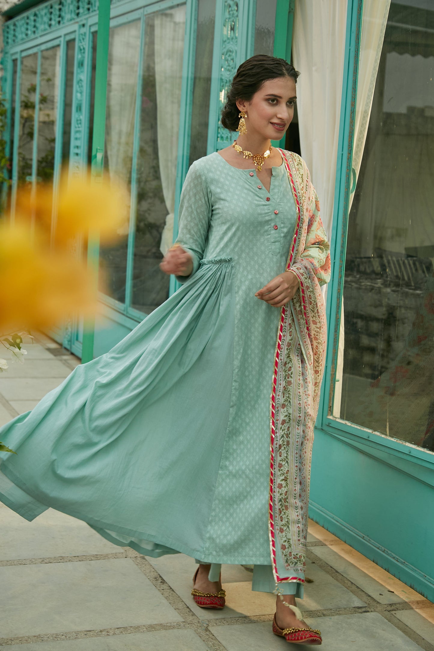Aqua Marine side gathered Anarkali with Palazzo and Printed Dupatta- set of 3